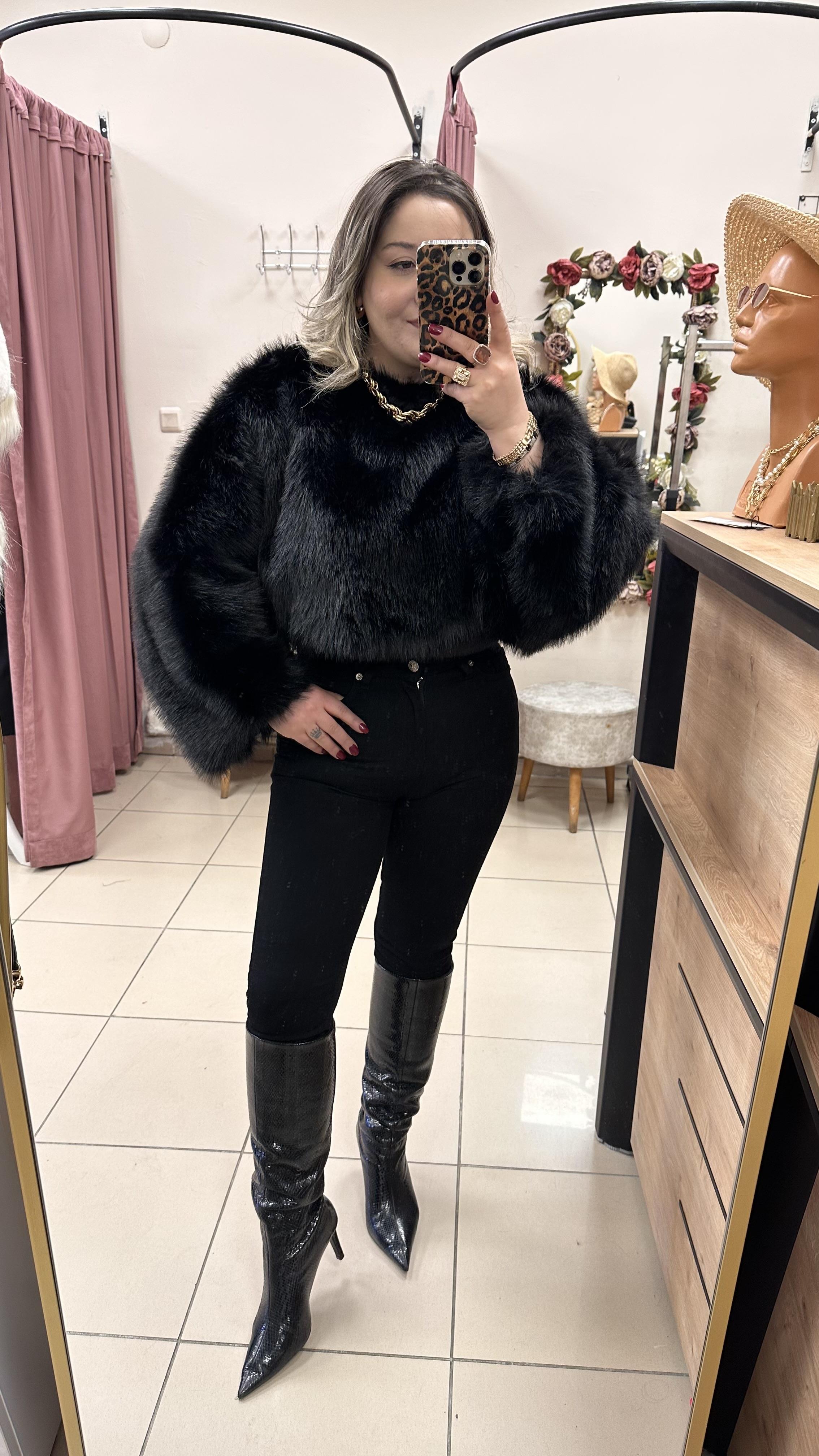 SUNİ KÜRK TOP CROP SİYAH