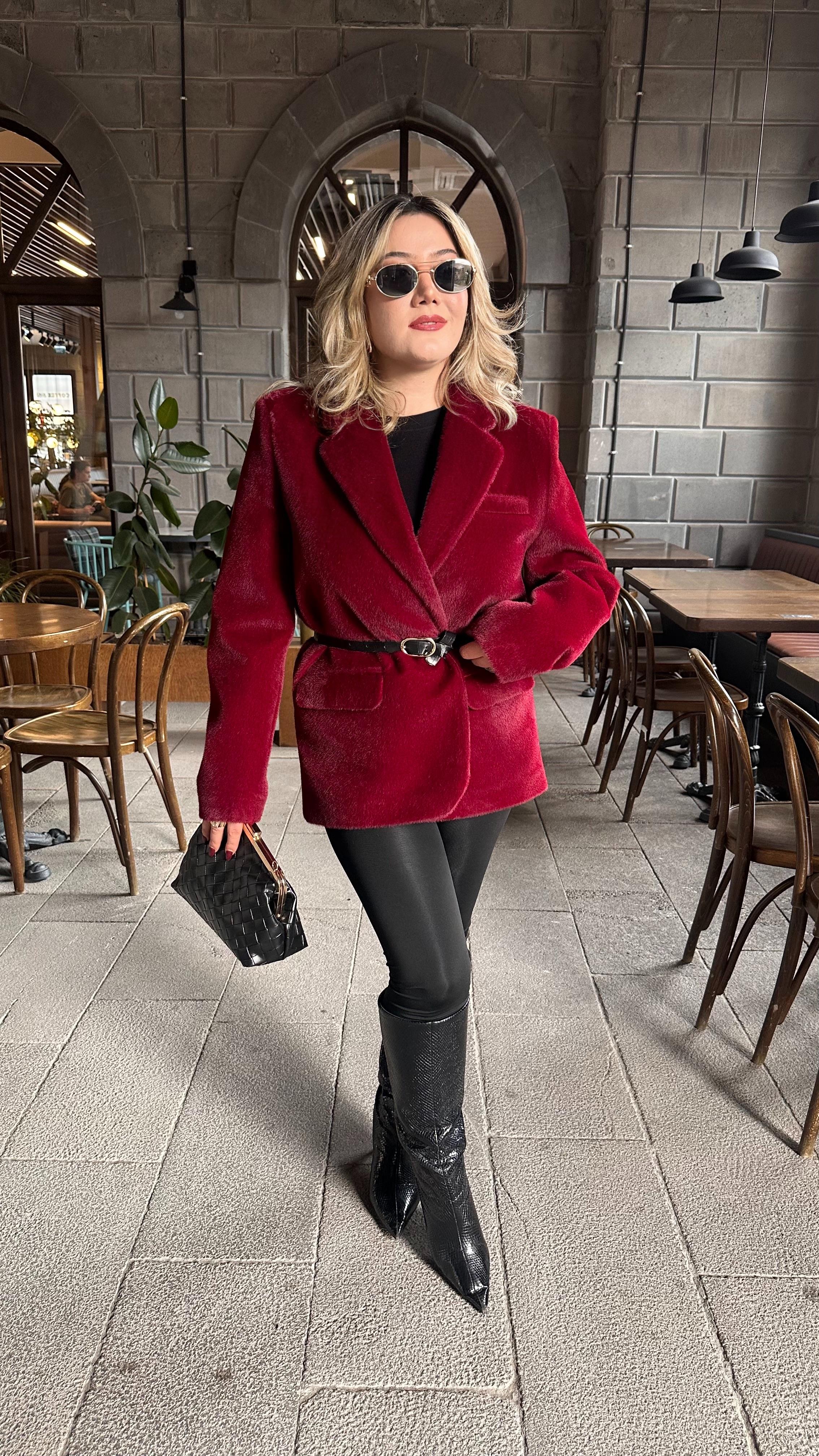 TAY TÜYLÜ KEMERLİ BLAZER CEKET BORDO