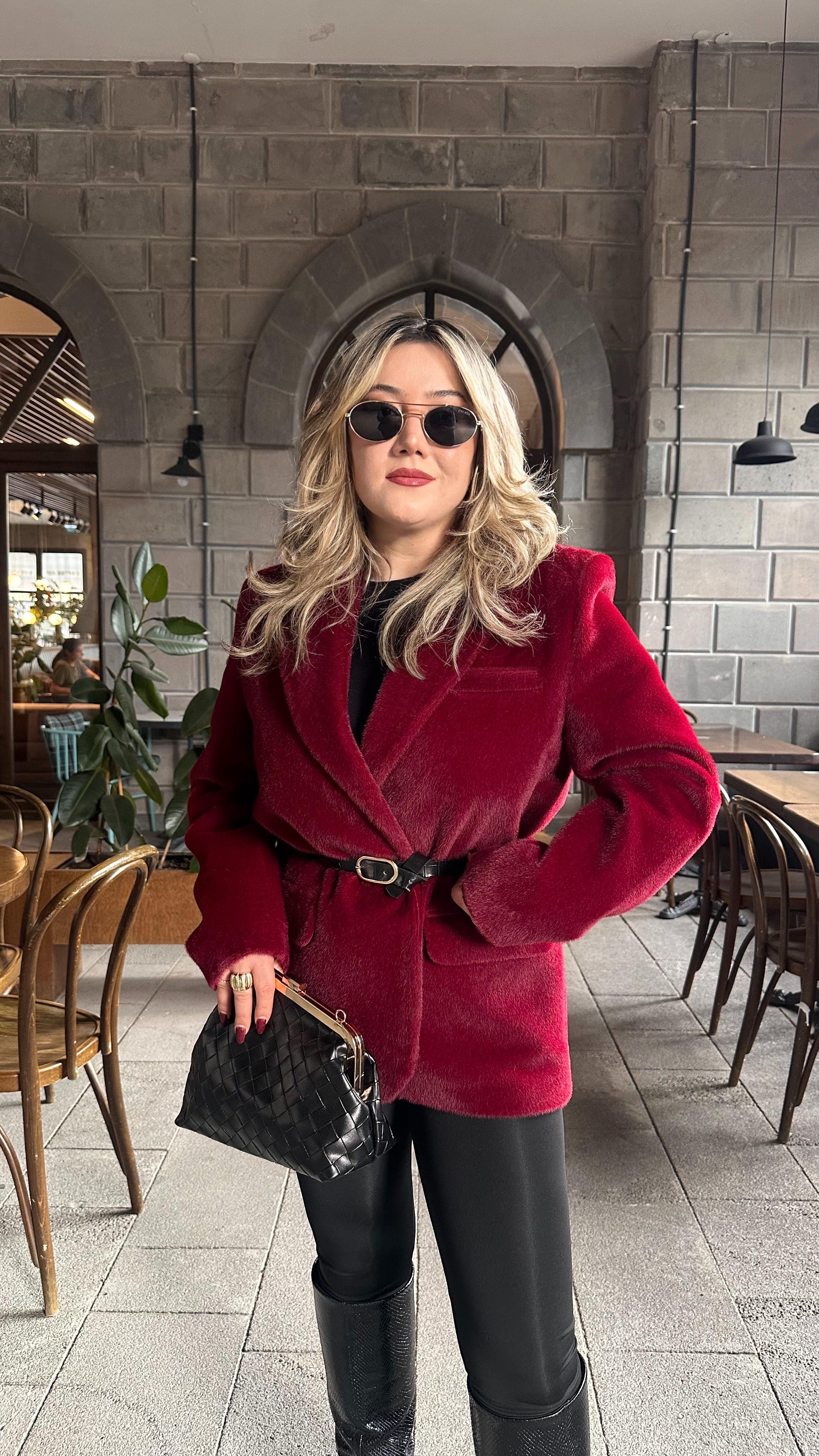 TAY TÜYLÜ KEMERLİ BLAZER CEKET BORDO
