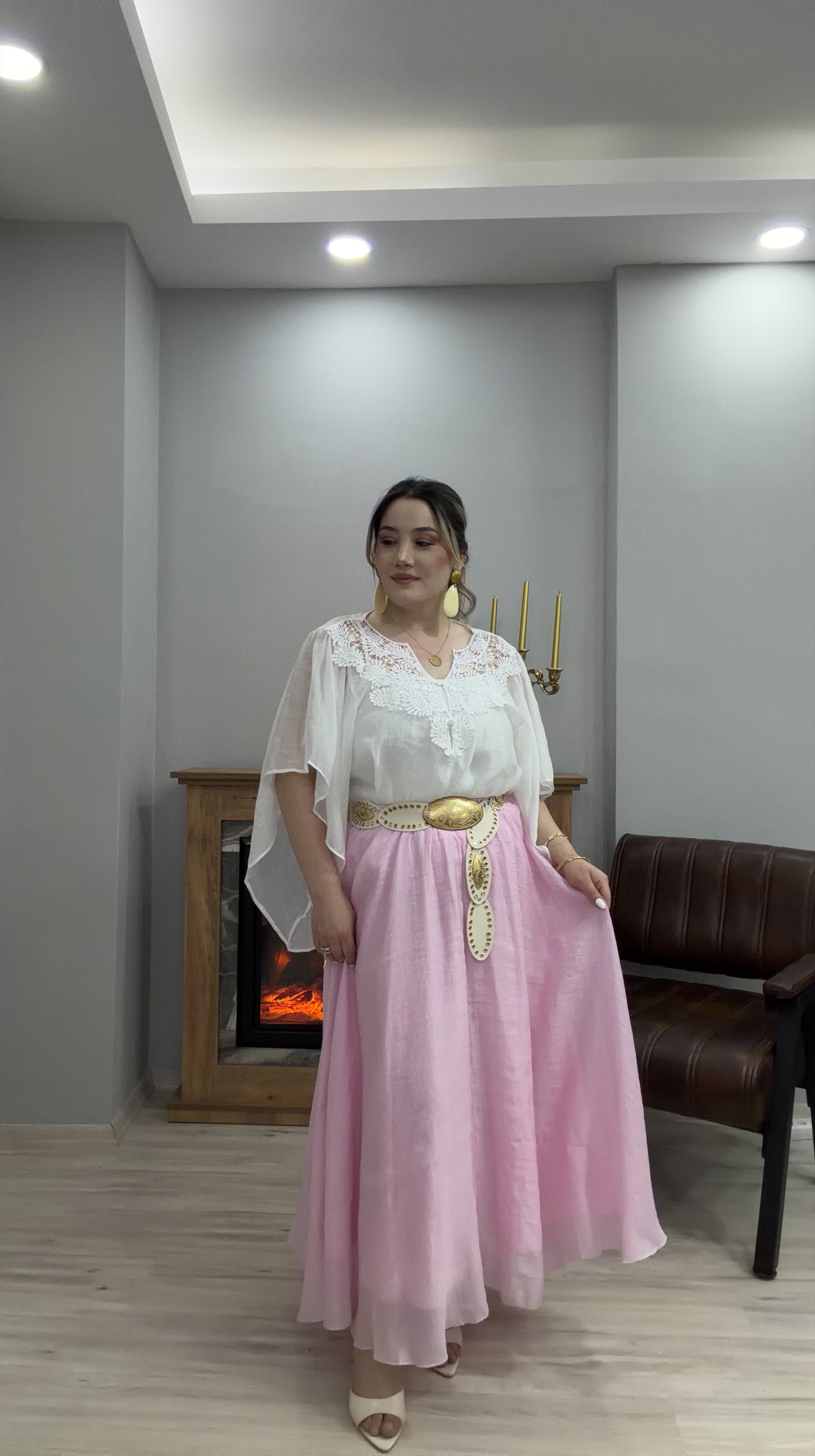 TENSEL MİDİ BOY ETEK PEMBE