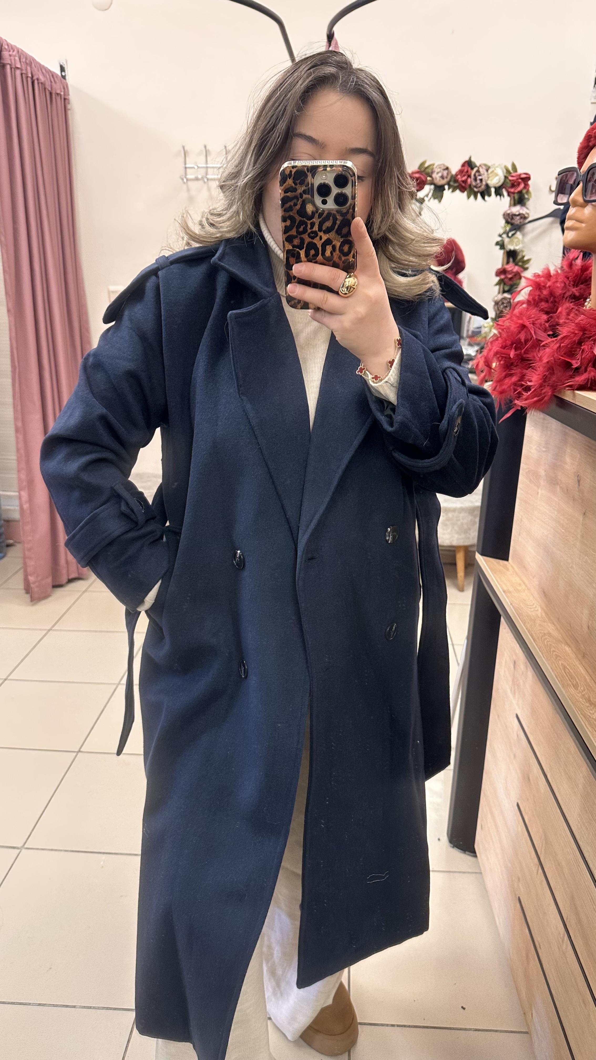 TRENÇ MODEL BELDEN KUŞAKLI KAŞE KABAN LACİVERT