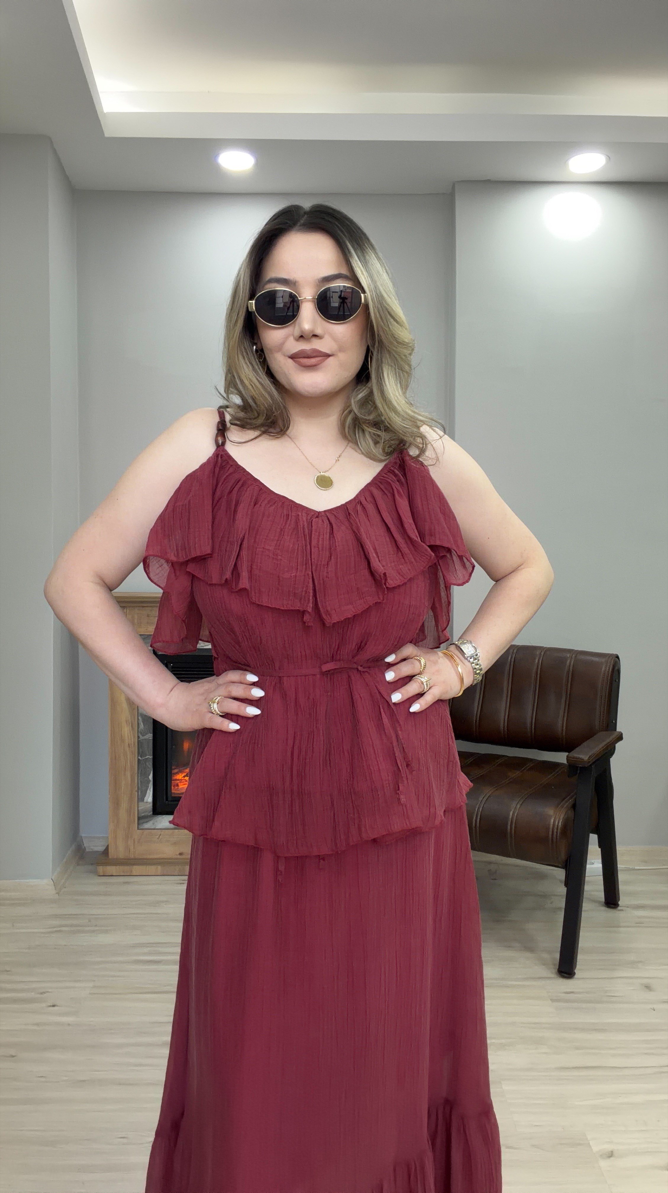 VOLANLI İP ASKILI TENSEL BLUZ BORDO