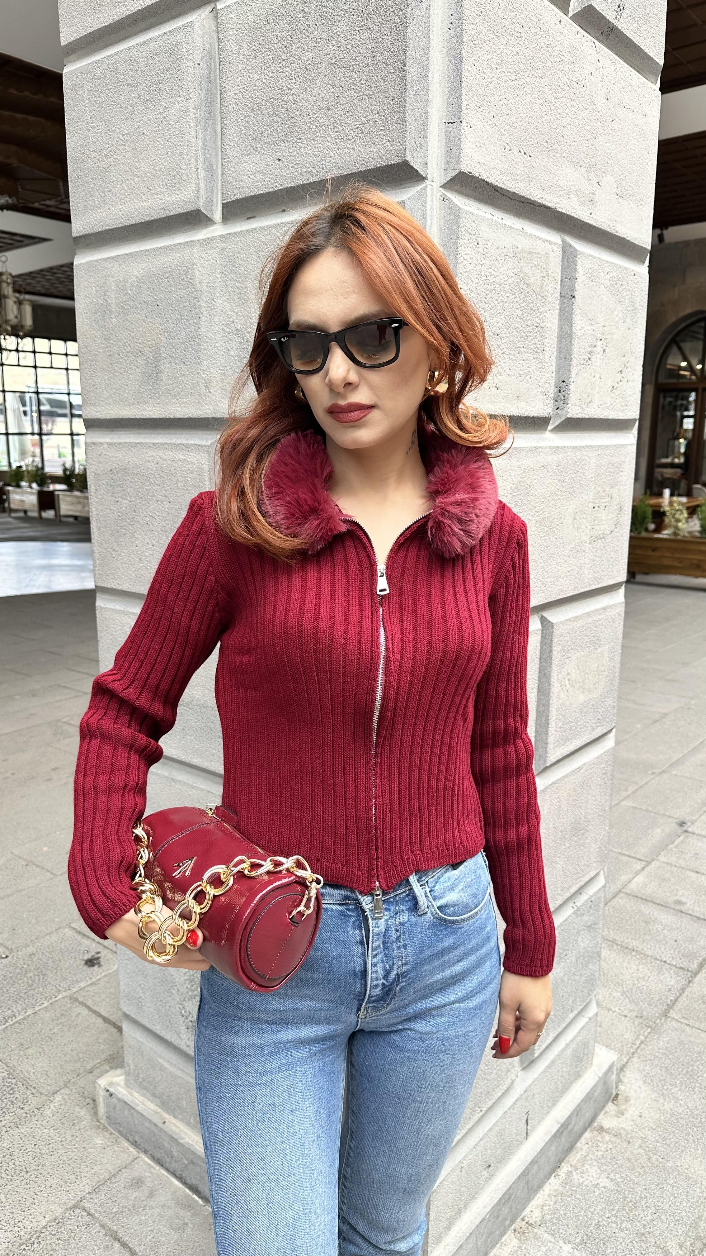 YAKA KÜRKLÜ FERMUARLI HIRKA BORDO