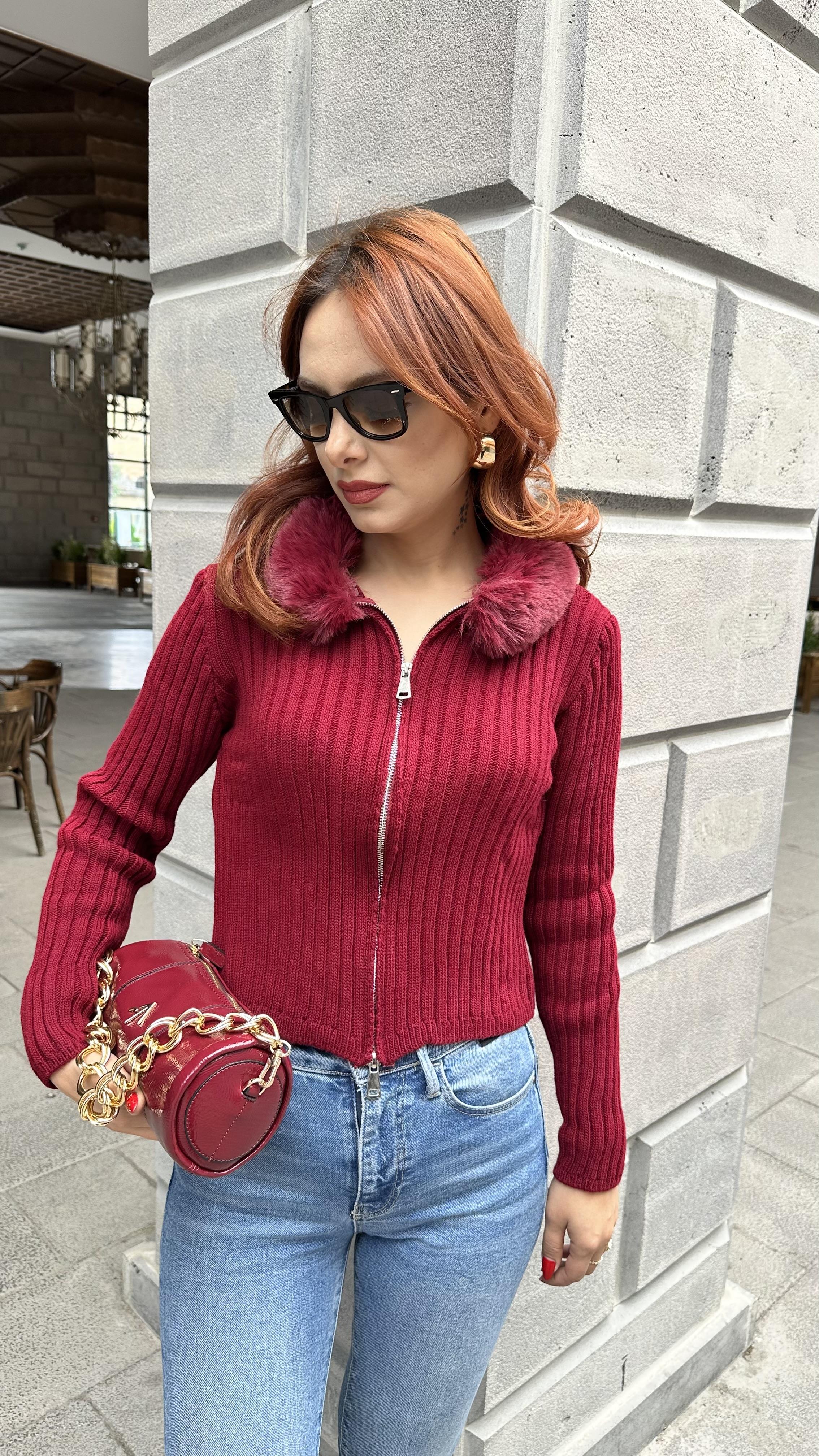 YAKA KÜRKLÜ FERMUARLI HIRKA BORDO