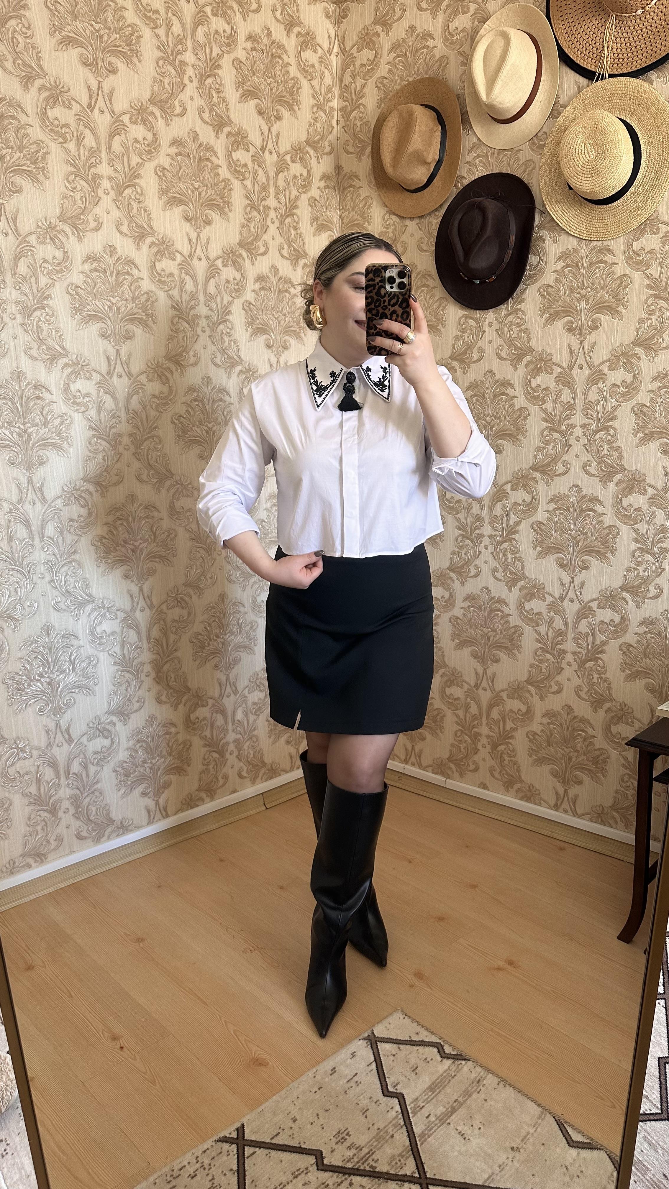 YAKA NAKIŞLI CROP GÖMLEK BEYAZ