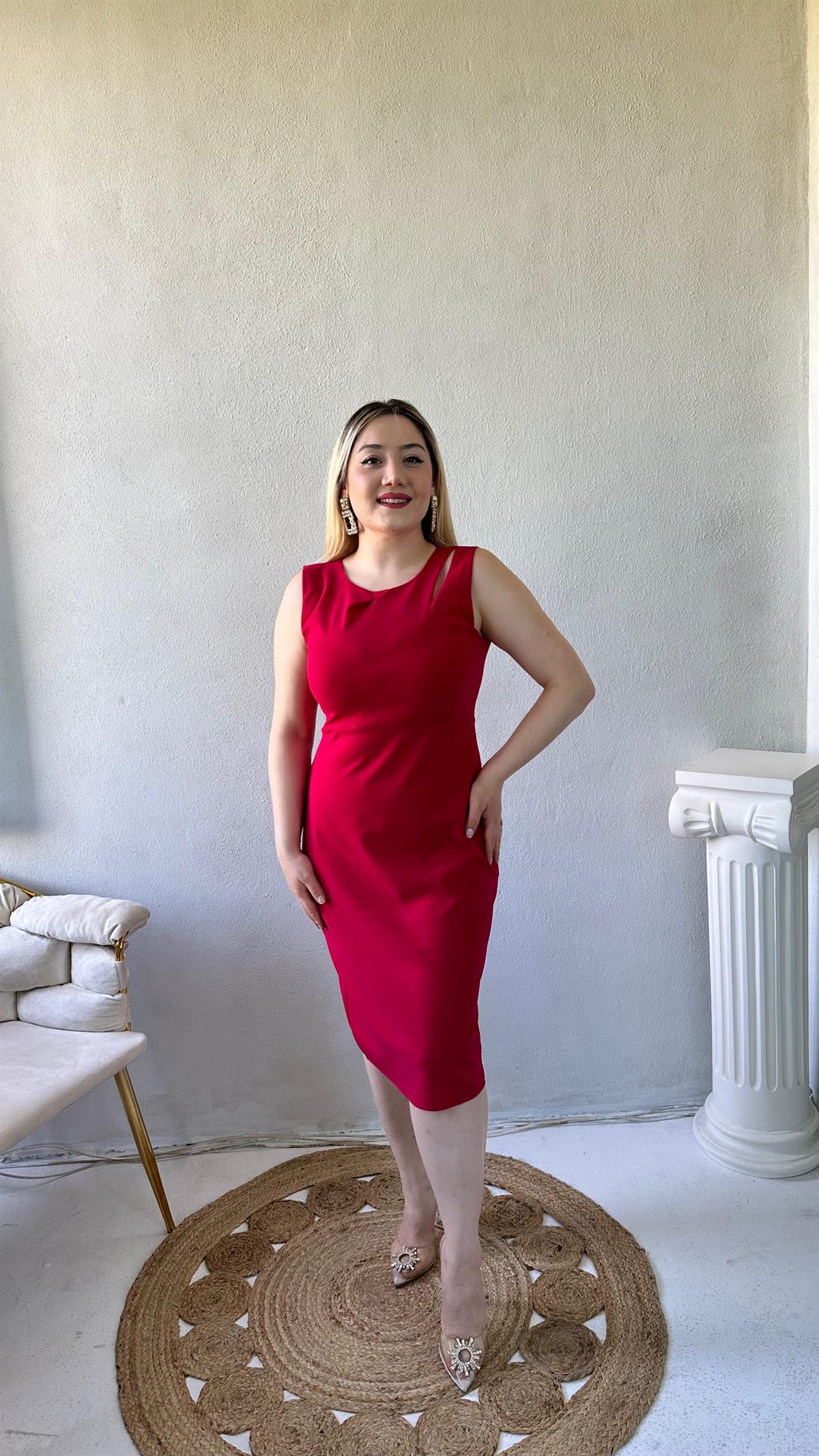 Yaka Pencere Detaylı Midi Elbise Fuşya