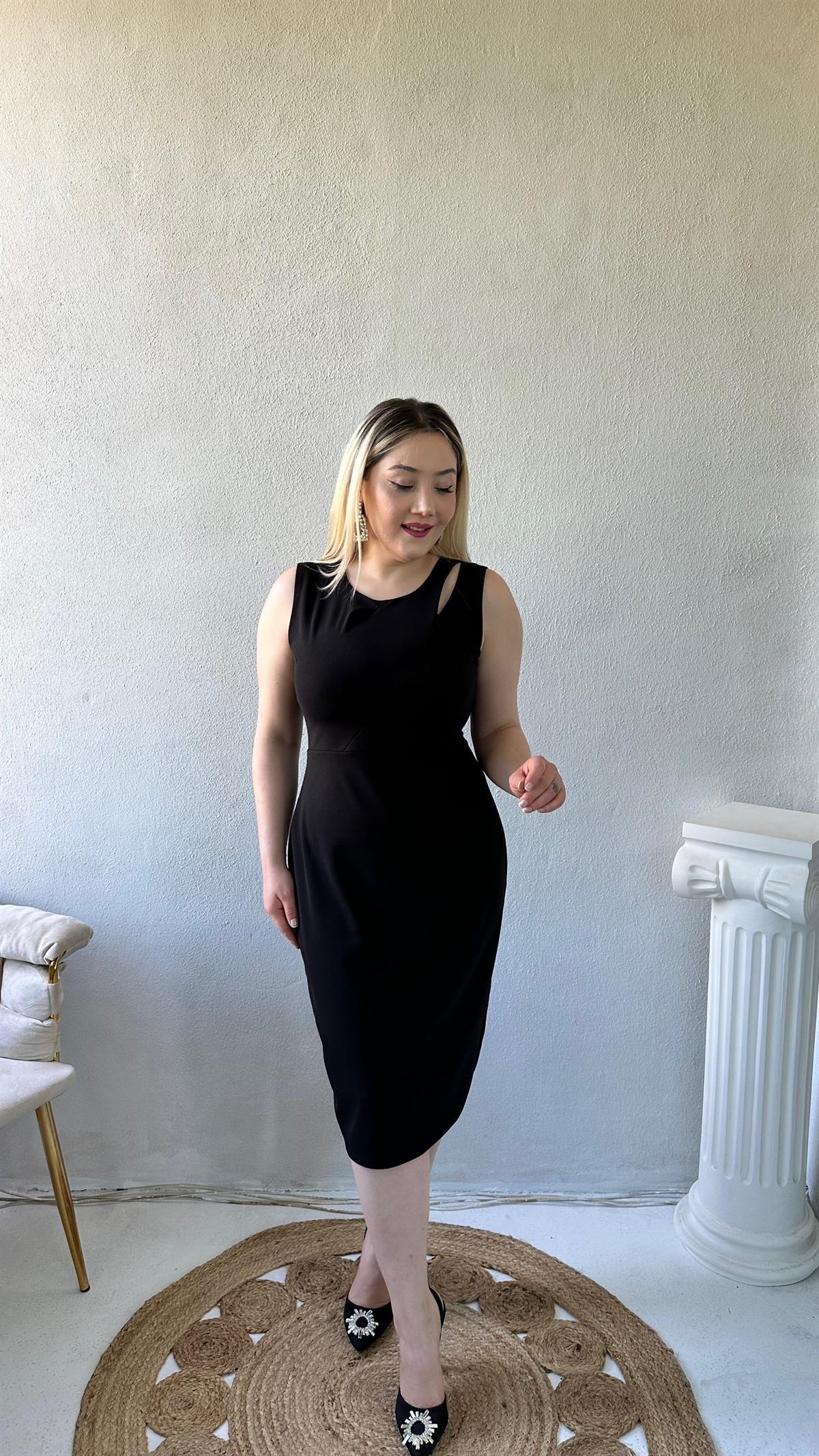 Yaka Pencere Detaylı Midi Elbise Siyah