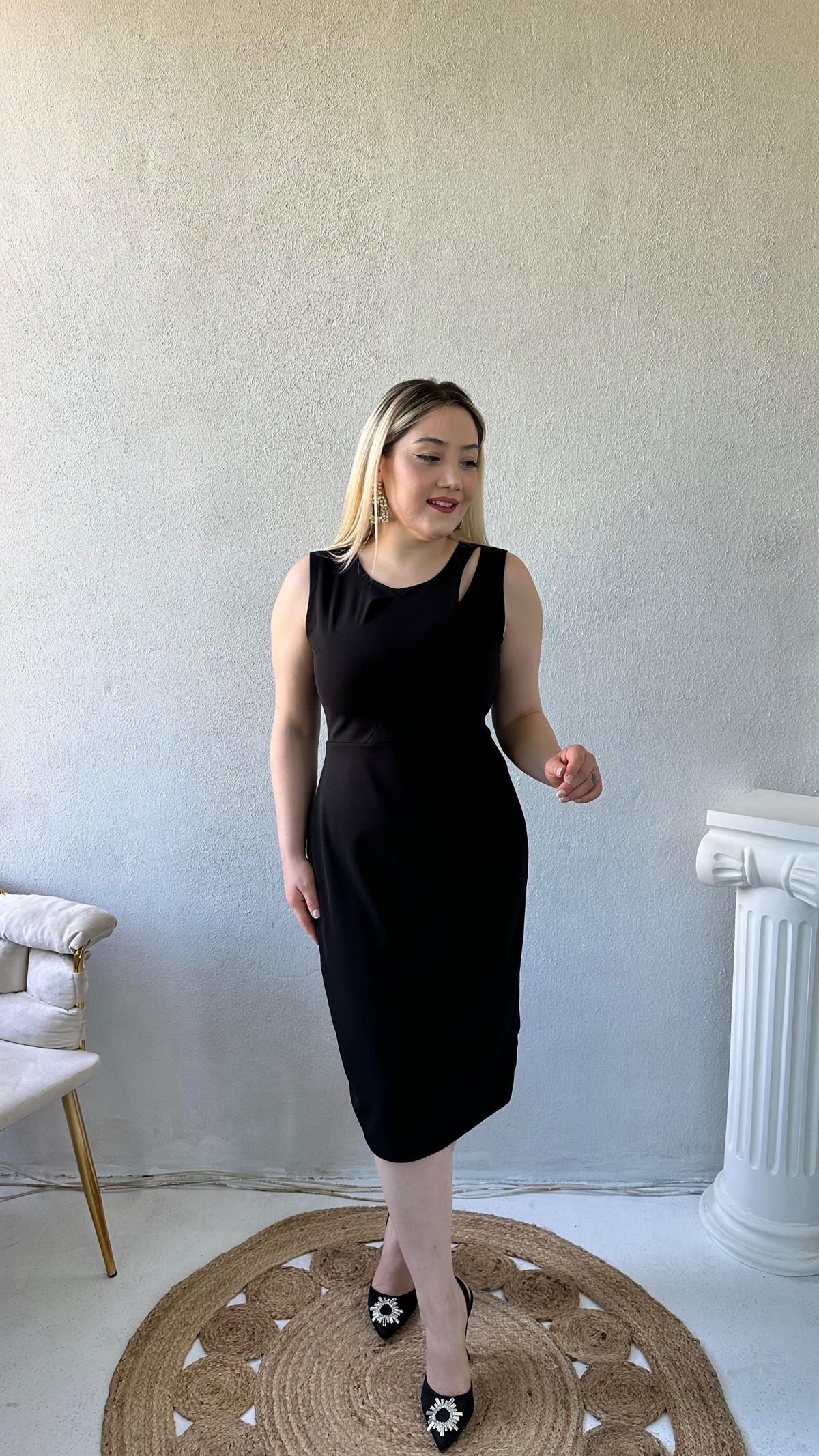 Yaka Pencere Detaylı Midi Elbise Siyah