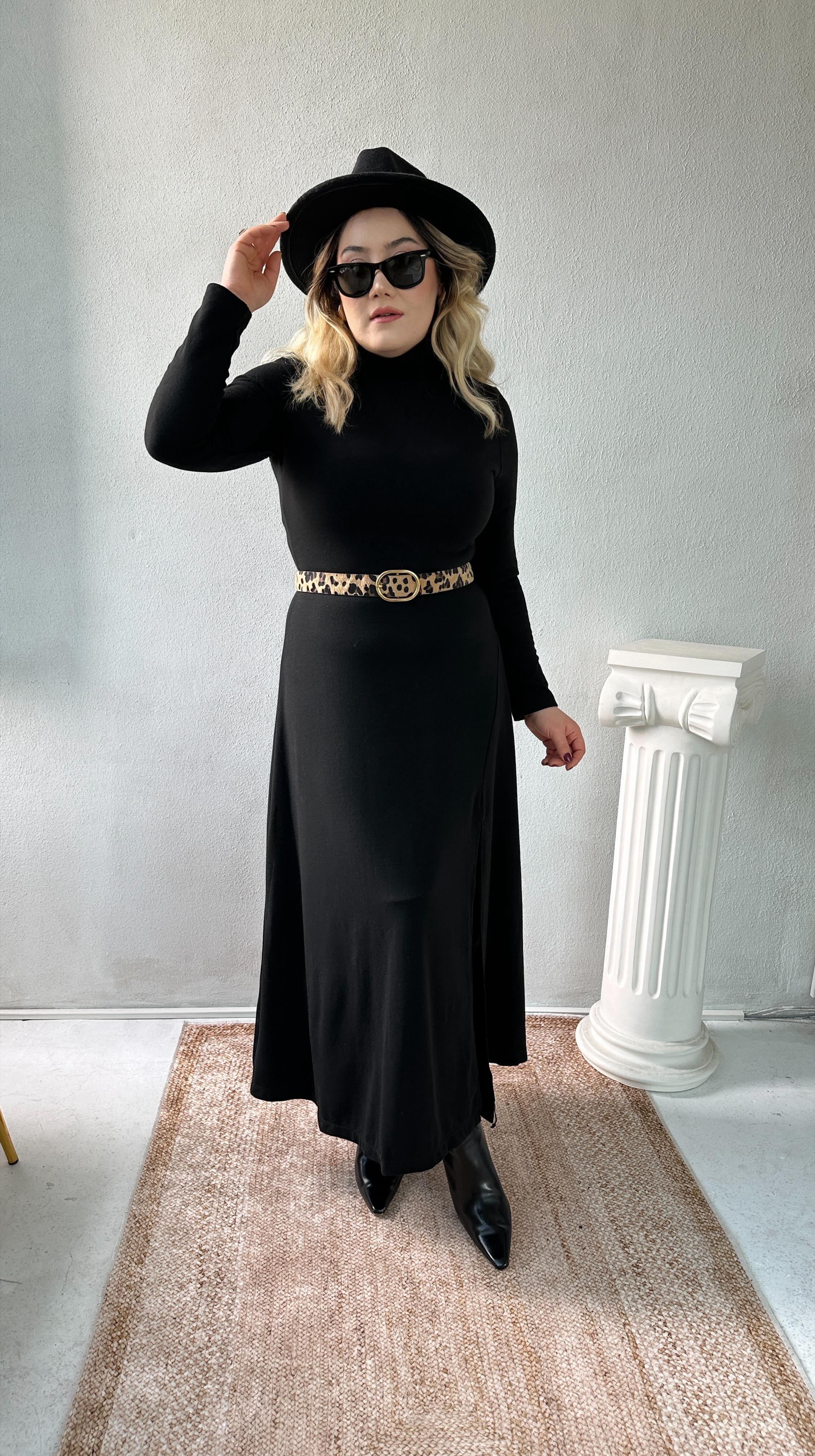 yandan yırtmaçlı midi triko elbise siyah