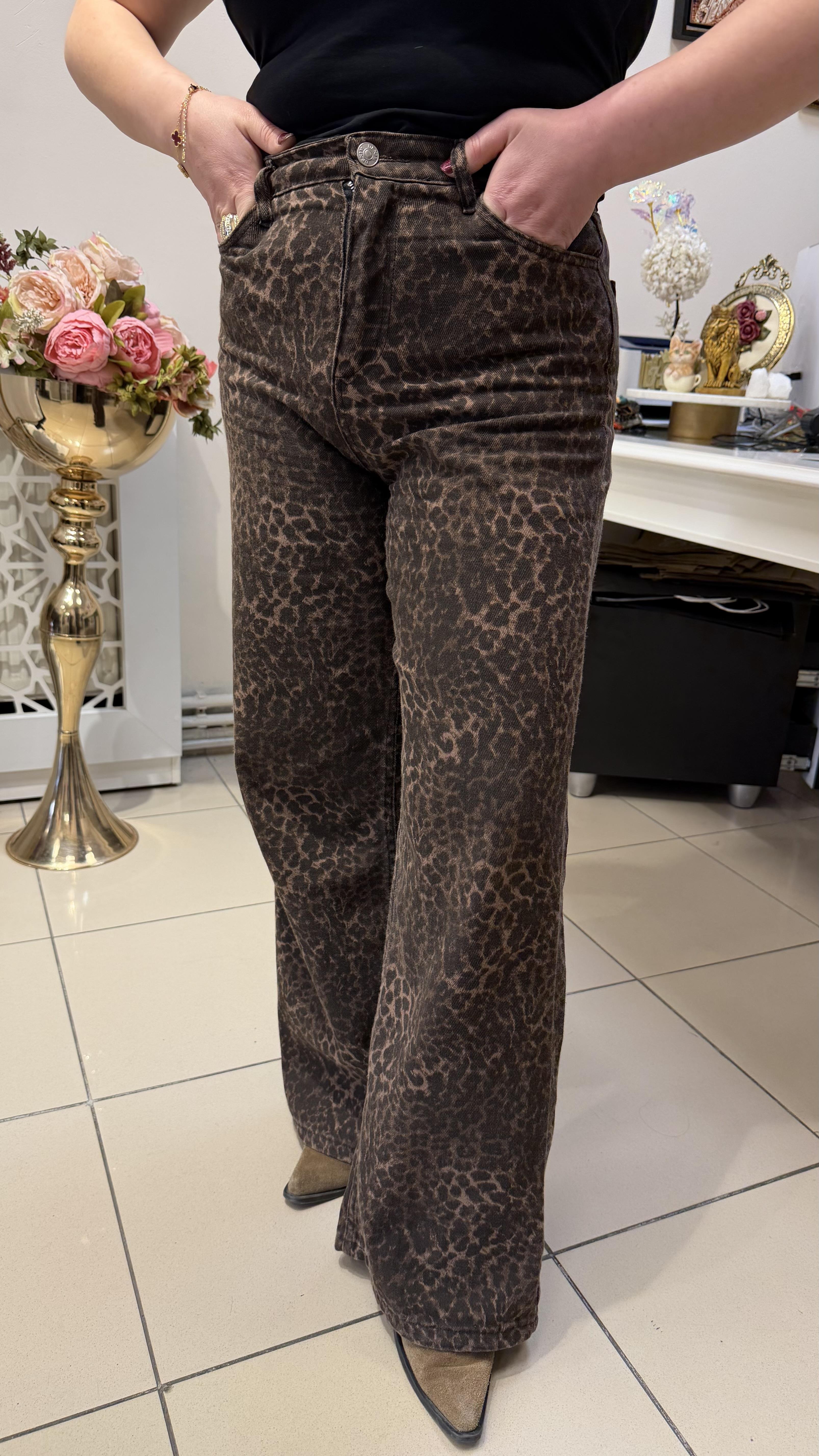 YÜKSEK BEL LEOPAR DESEN WİDE LEG JEAN KAHVE