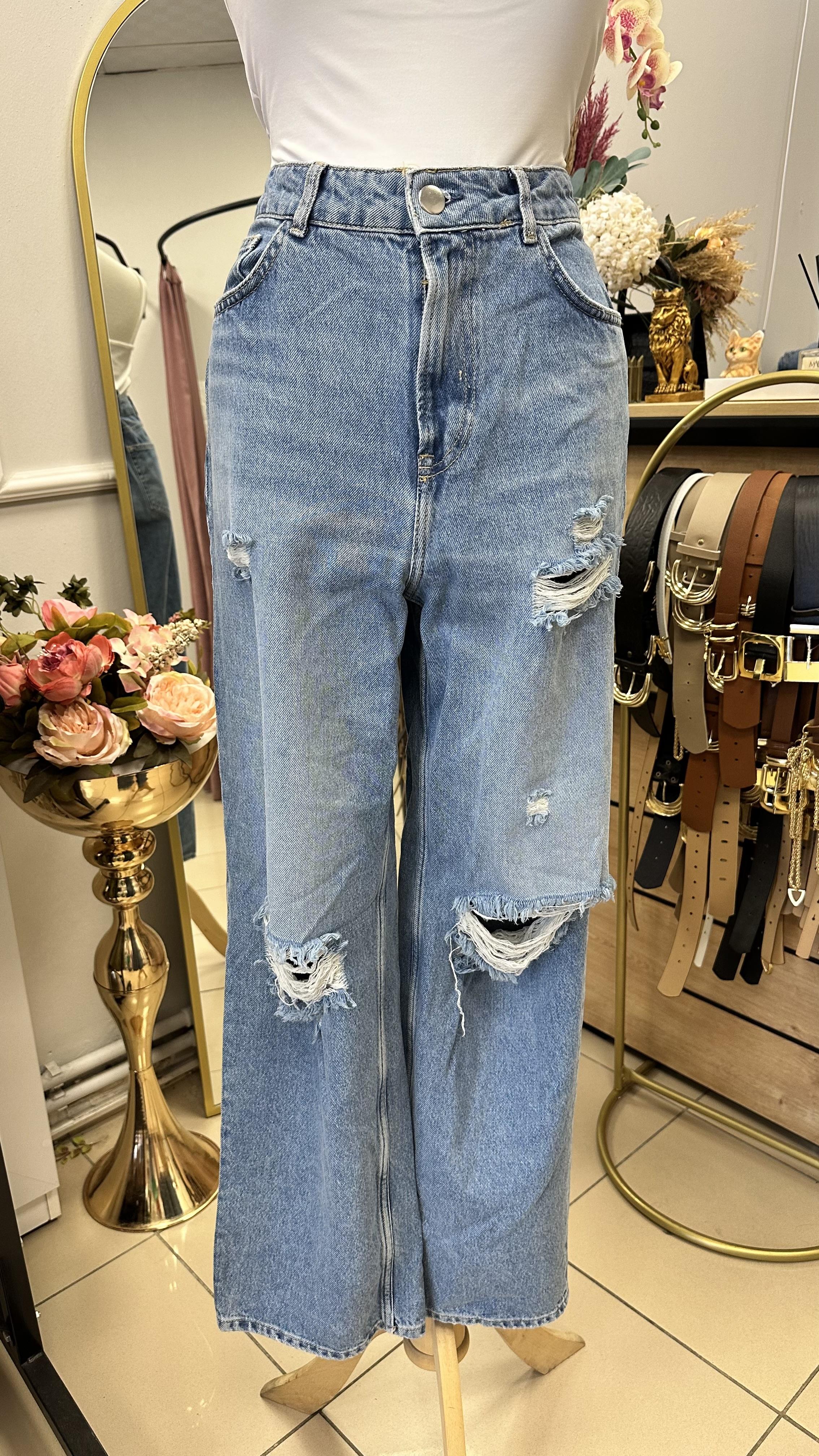 YÜKSEK BEL YIRTIK WIDE LEG JEAN