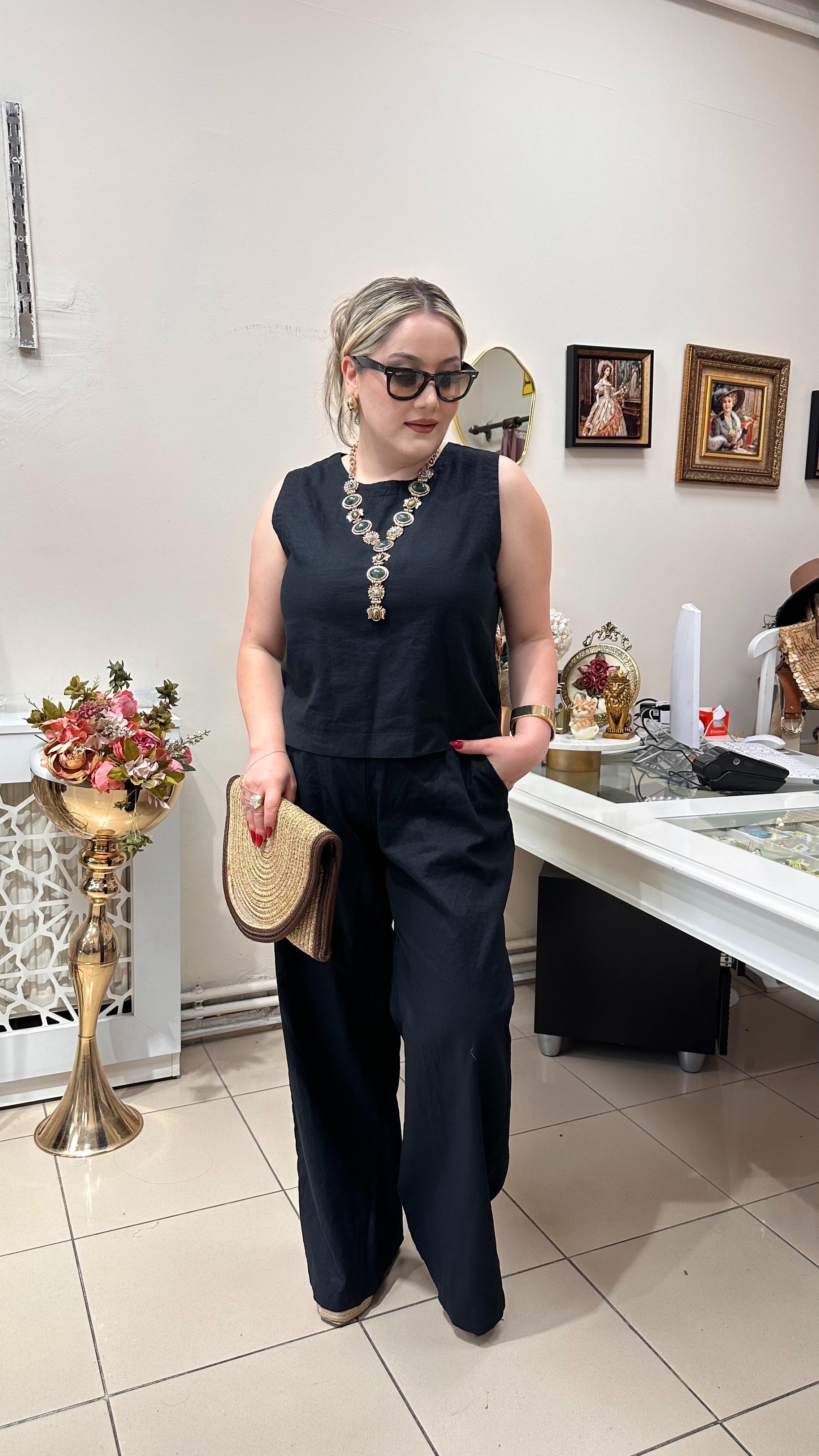 YUVARLAK YAKA KOLSUZ KETEN İKİLİ TAKIM SİYAH