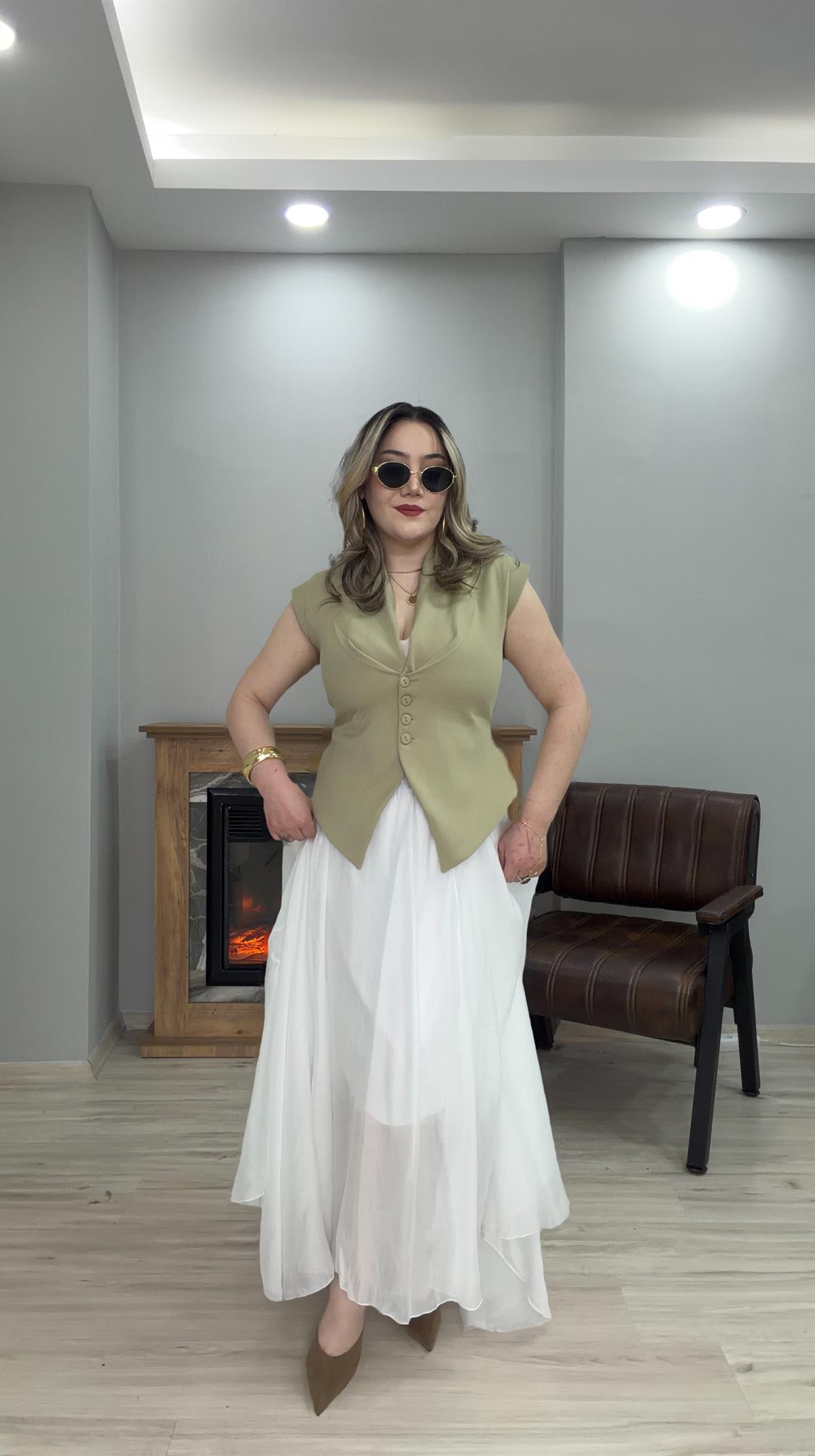  BELİ LASTİKLİ ASİMETRİK TENSEL ETEK BEYAZ