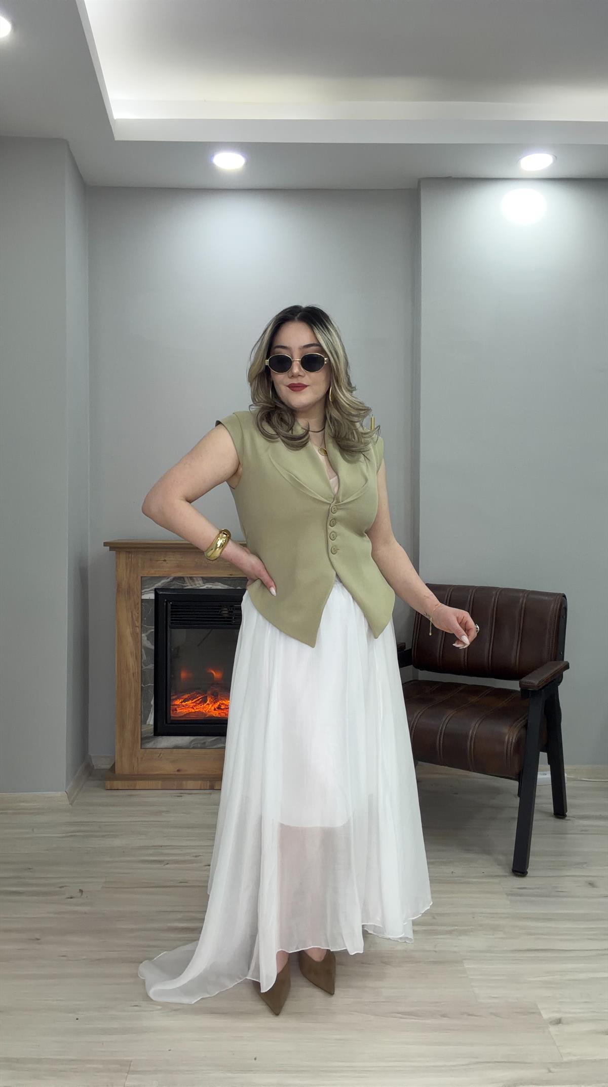  BELİ LASTİKLİ ASİMETRİK TENSEL ETEK BEYAZ