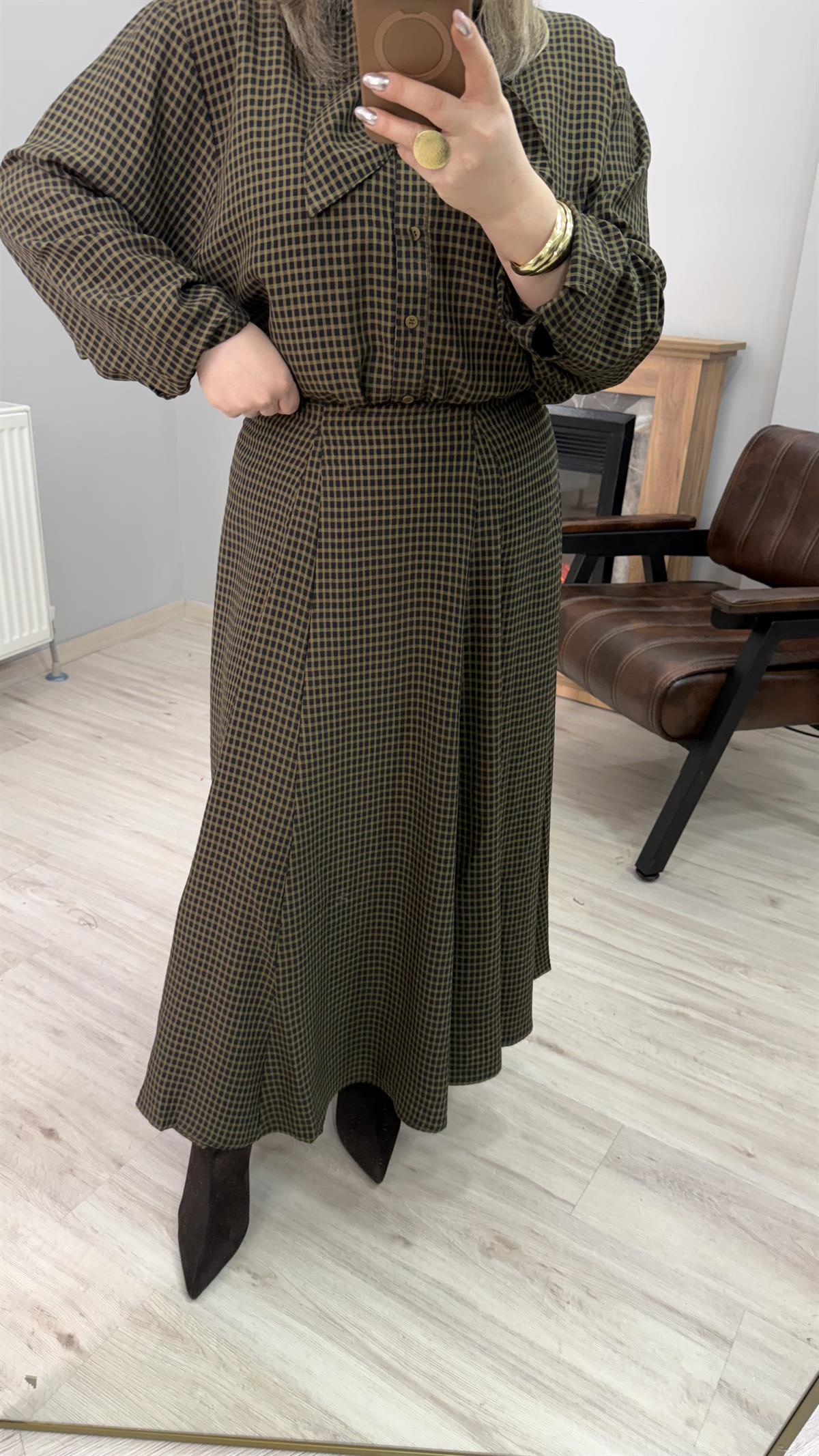  MİNİ EKOSE DESEN PARÇALI ETEK HAKİ