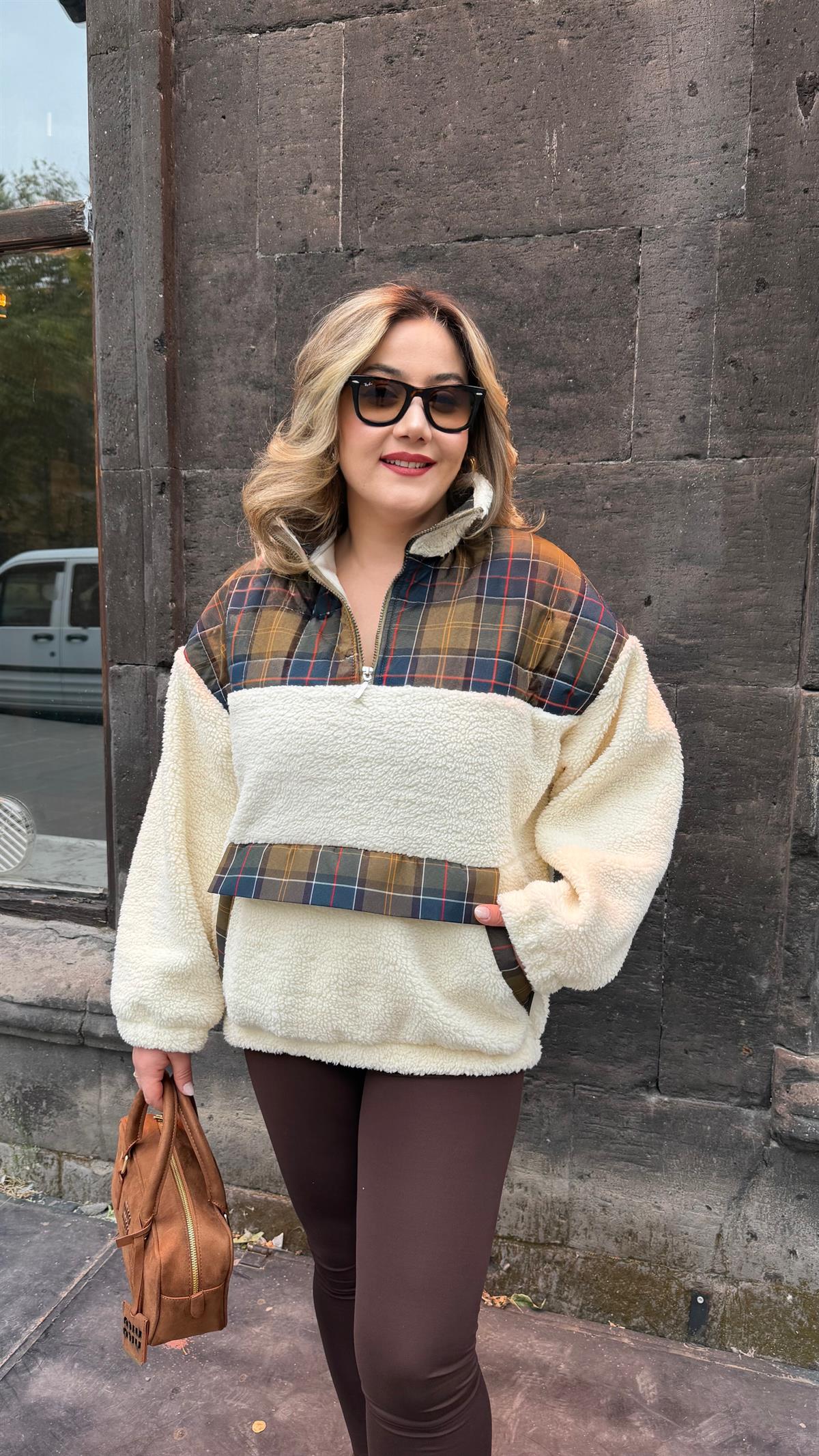 BAKLAVA DESEN PELUŞ SWEAT HAKİ