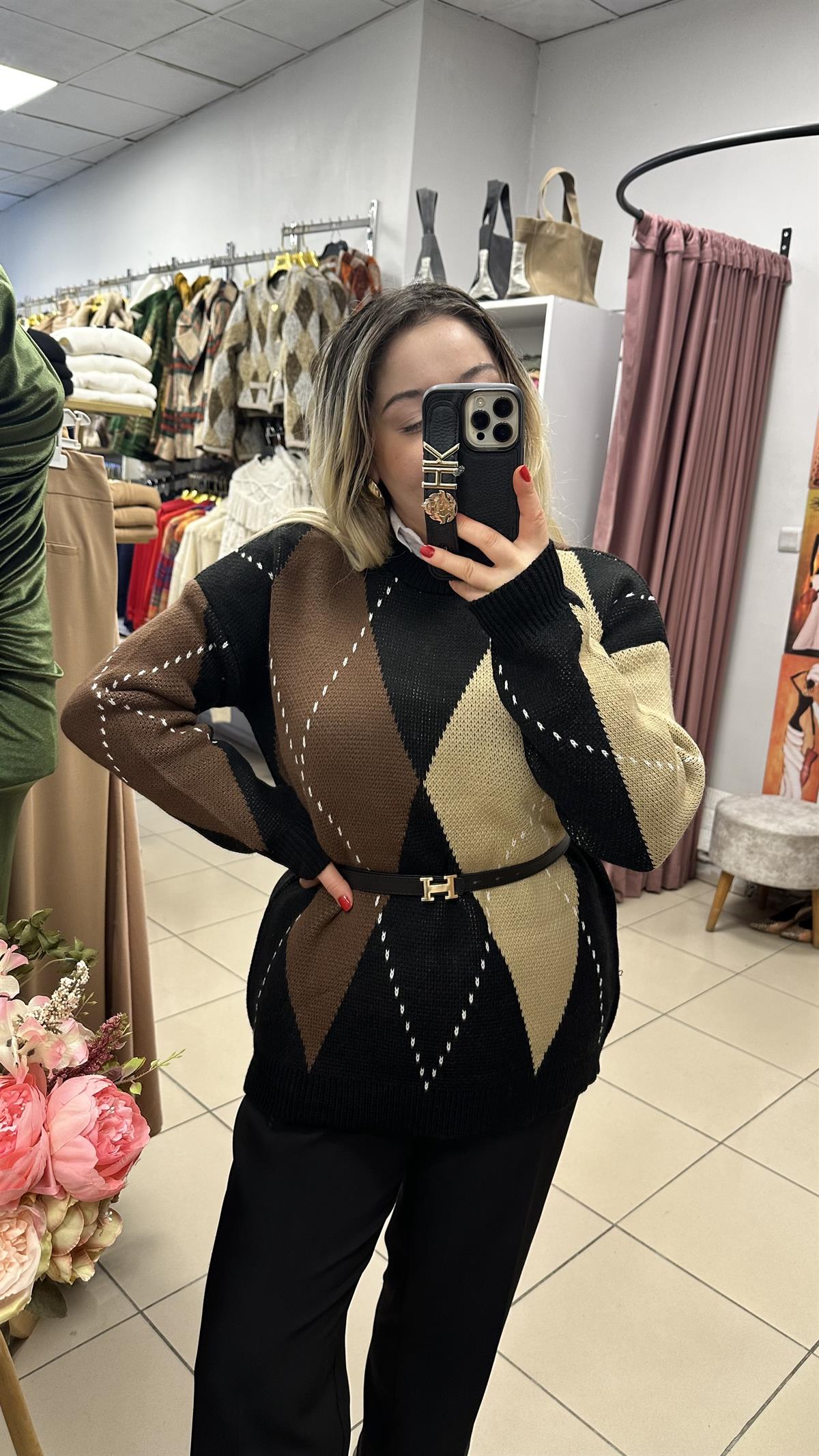 Baklava desen siyah kahve kazak