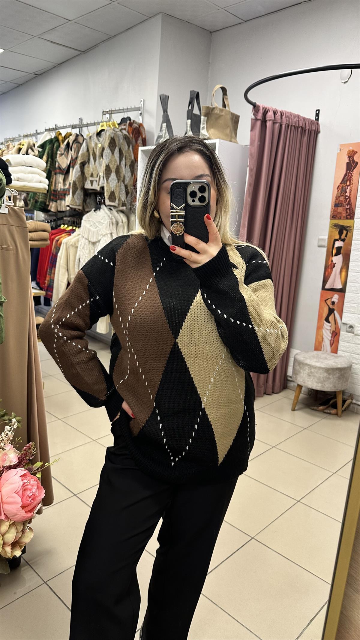 Baklava desen siyah kahve kazak