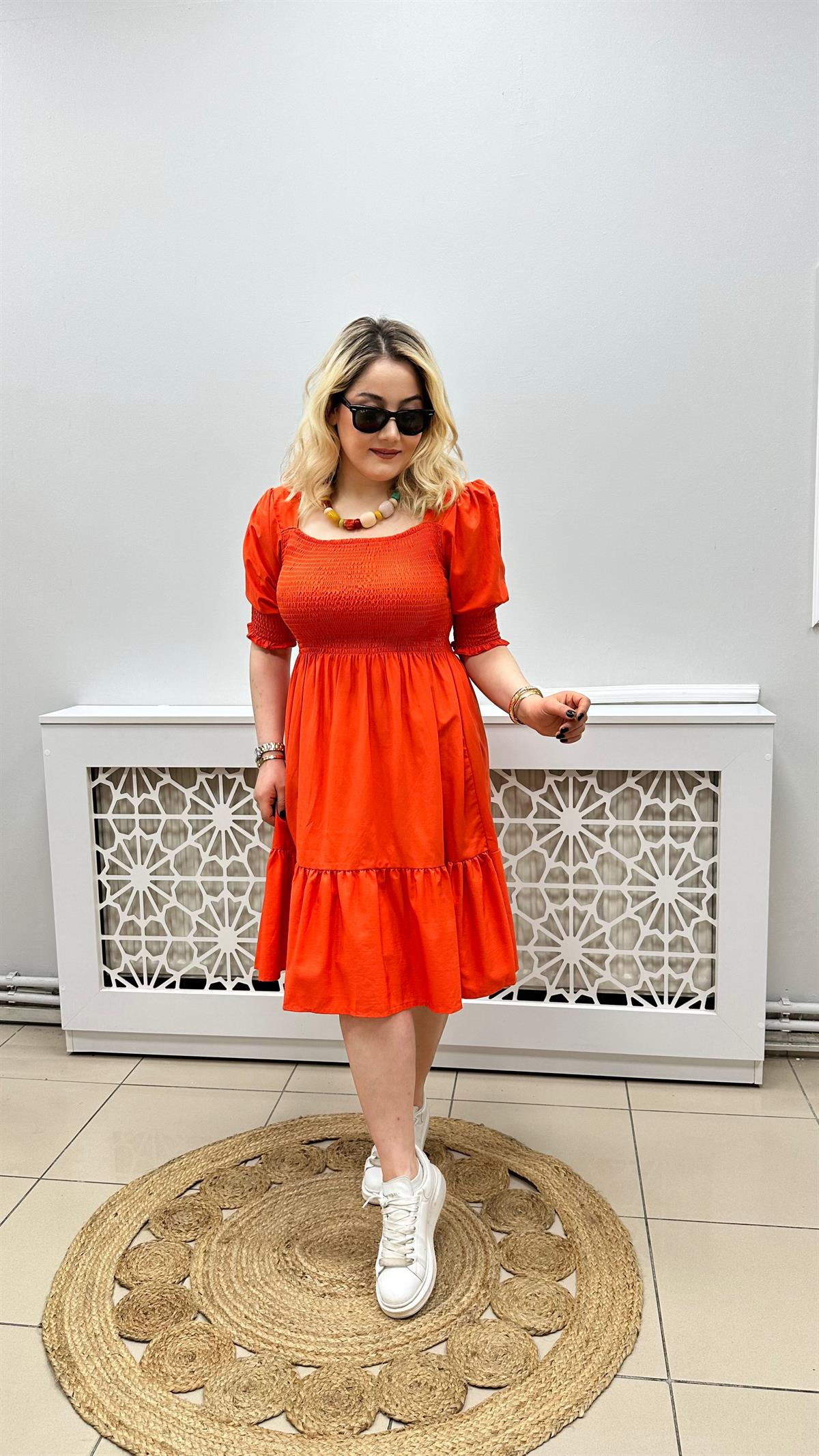 Balon Kol Altı Volanlı Poplin Elbise Orange