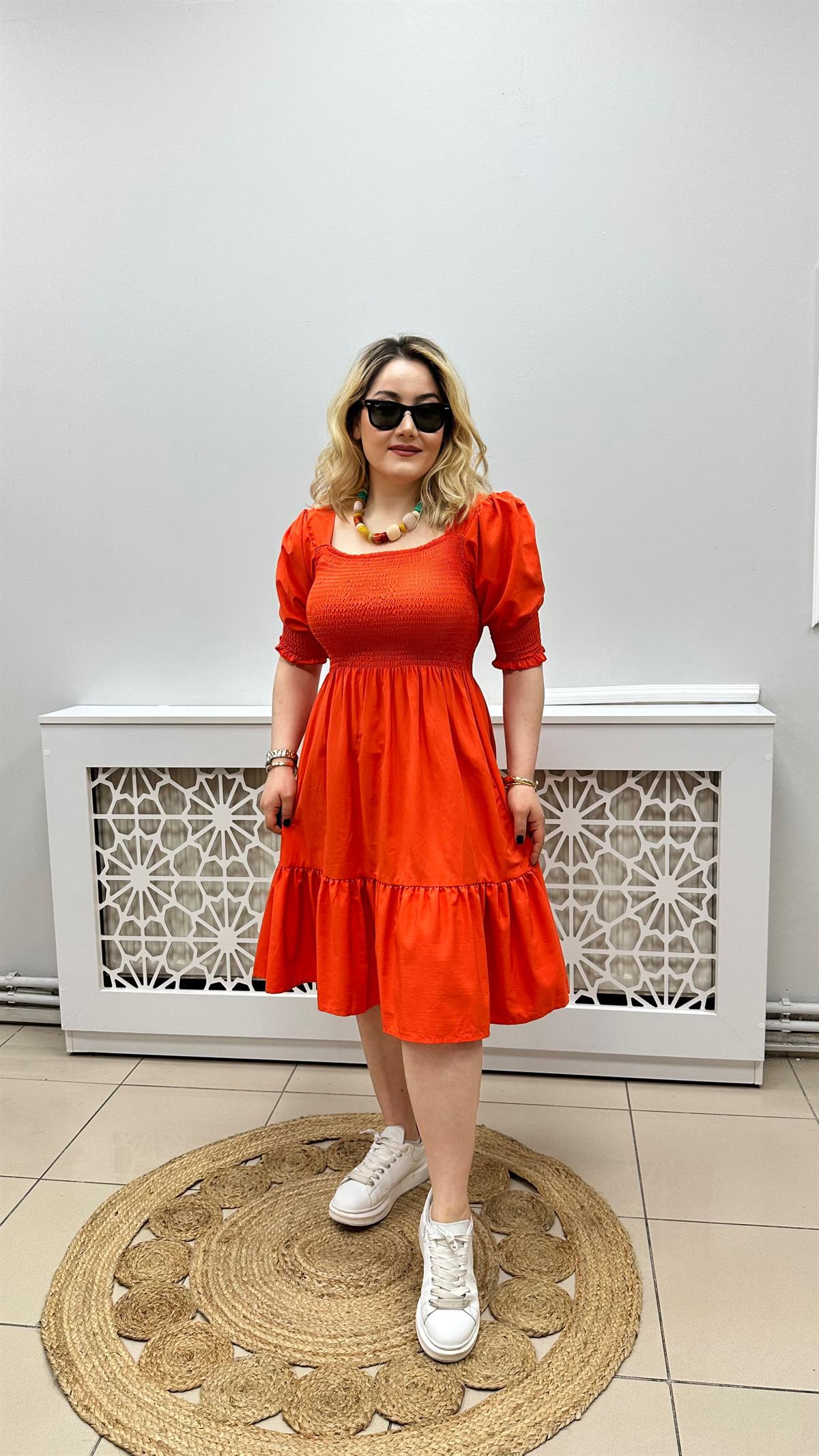 Balon Kol Altı Volanlı Poplin Elbise Orange