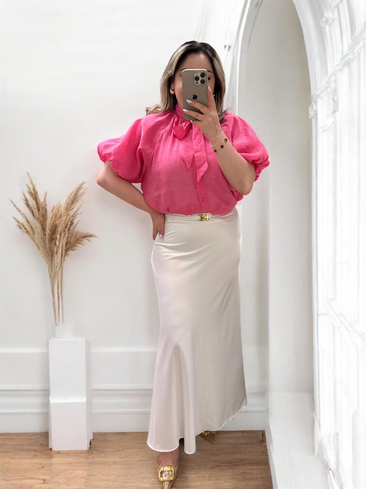 BALON KOL BAĞCIKLI TENSEL GÖMLEK FUŞYA
