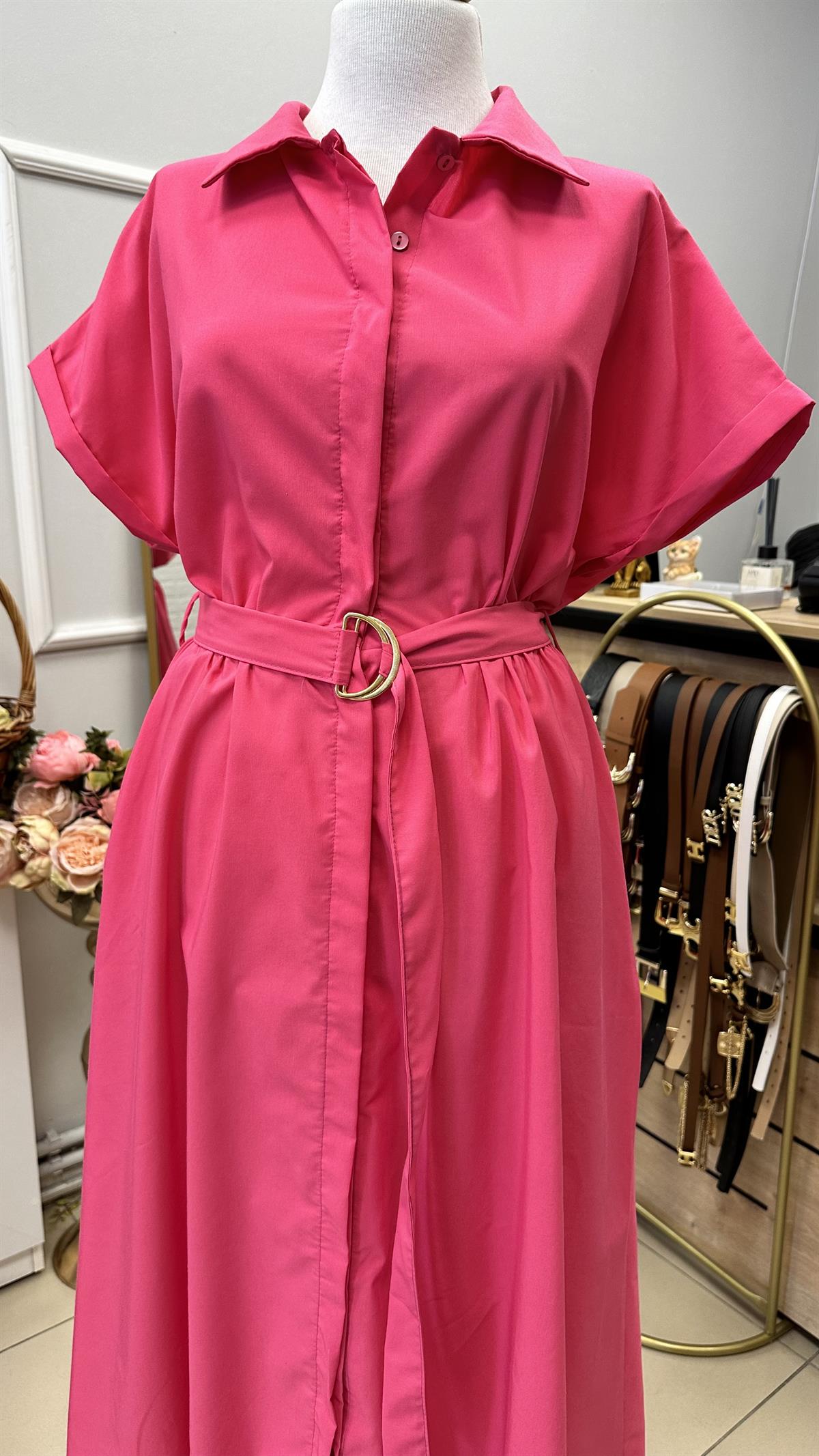 BELDEN KEMERLİ YANDAN CEPLİ POPLİN ELBİSE PEMBE