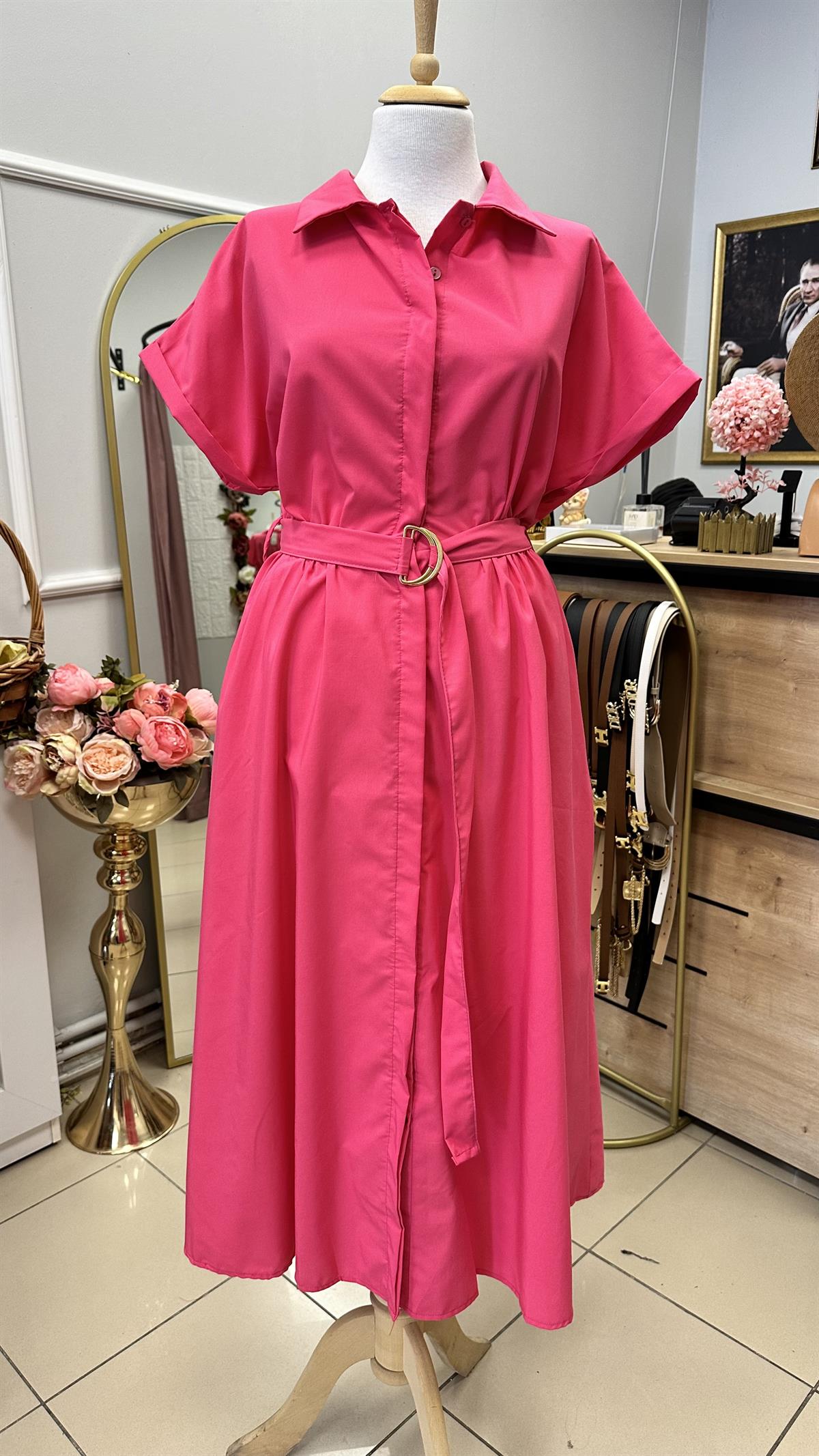 BELDEN KEMERLİ YANDAN CEPLİ POPLİN ELBİSE PEMBE