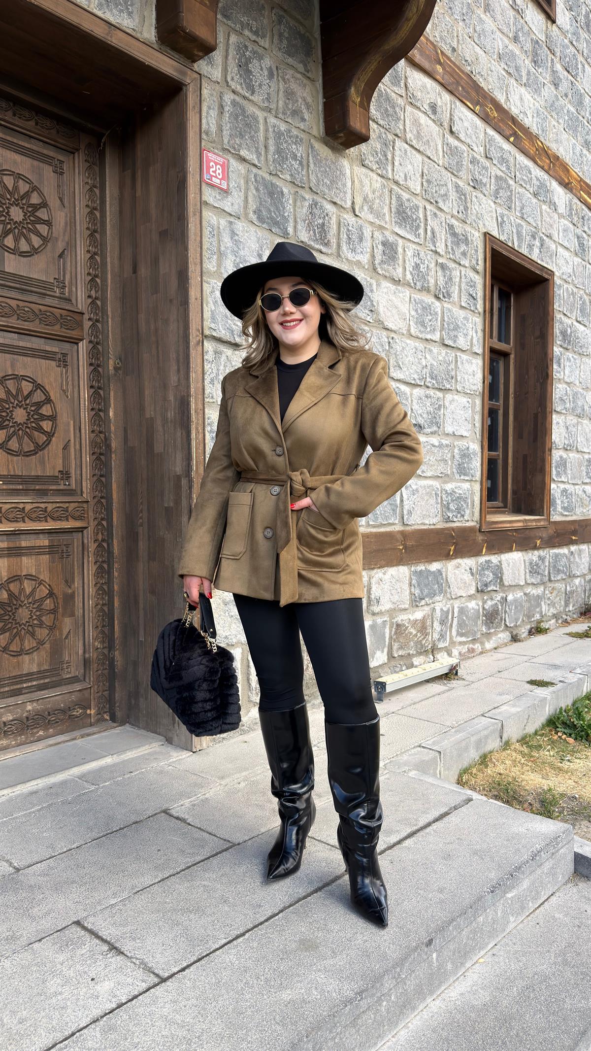 BELDEN KUŞAKLI SÜET CEKET HAKİ 