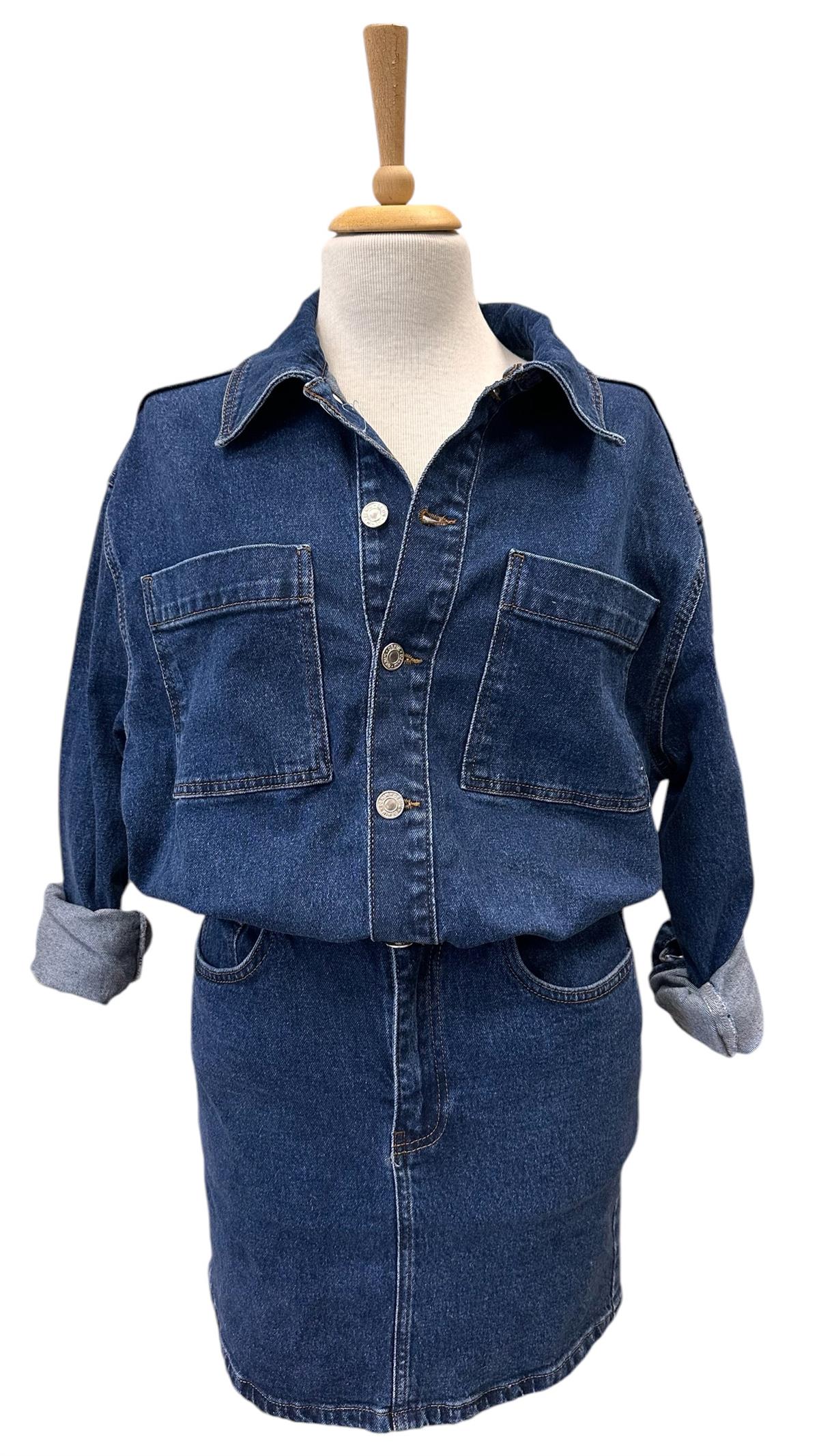BELİ LASTİKLİ  DİZ ÜSTÜ JEAN ELBİSE