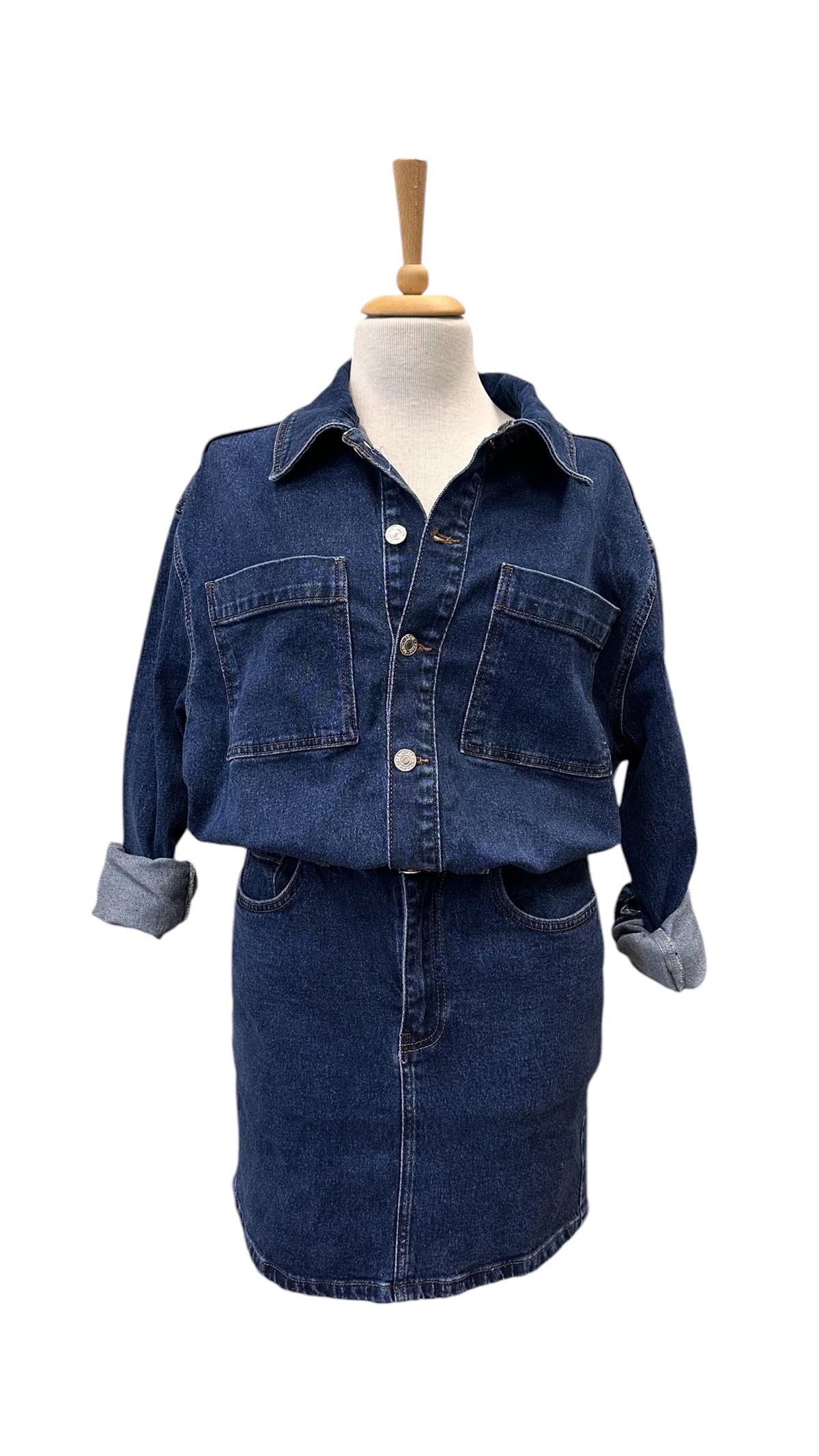 BELİ LASTİKLİ  DİZ ÜSTÜ JEAN ELBİSE