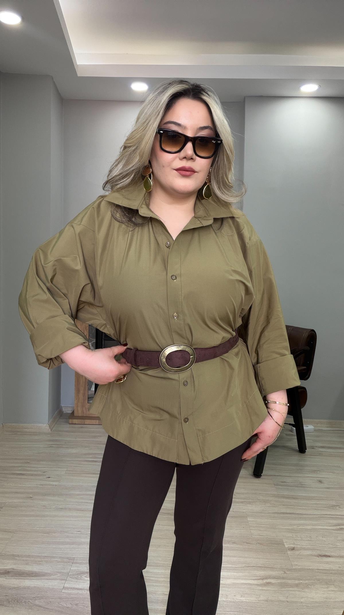 BELİ LASTİKLİ POPLİN GÖMLEK HAKİ 