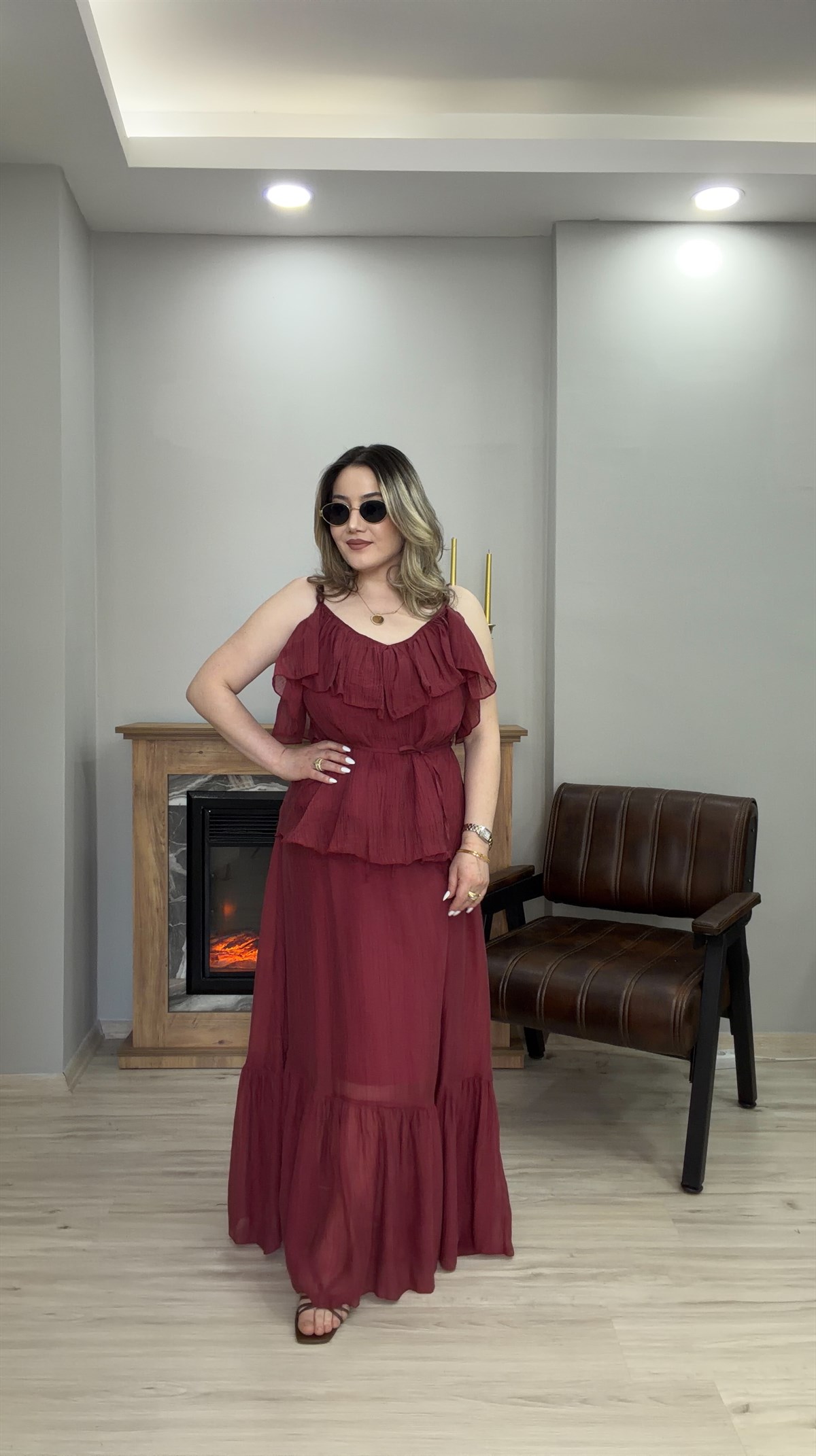 BELİ LASTİKLİ TENSEL ETEK BORDO