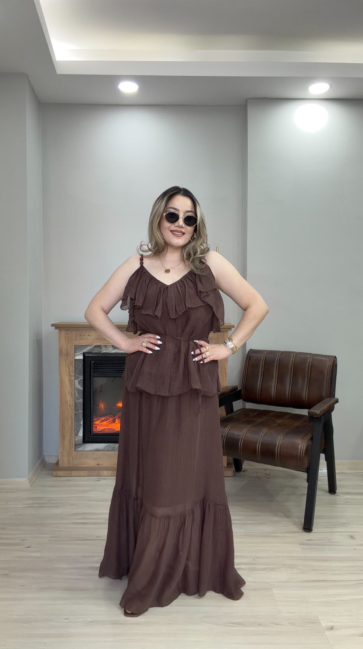 BELİ LASTİKLİ TENSEL ETEK KAHVE