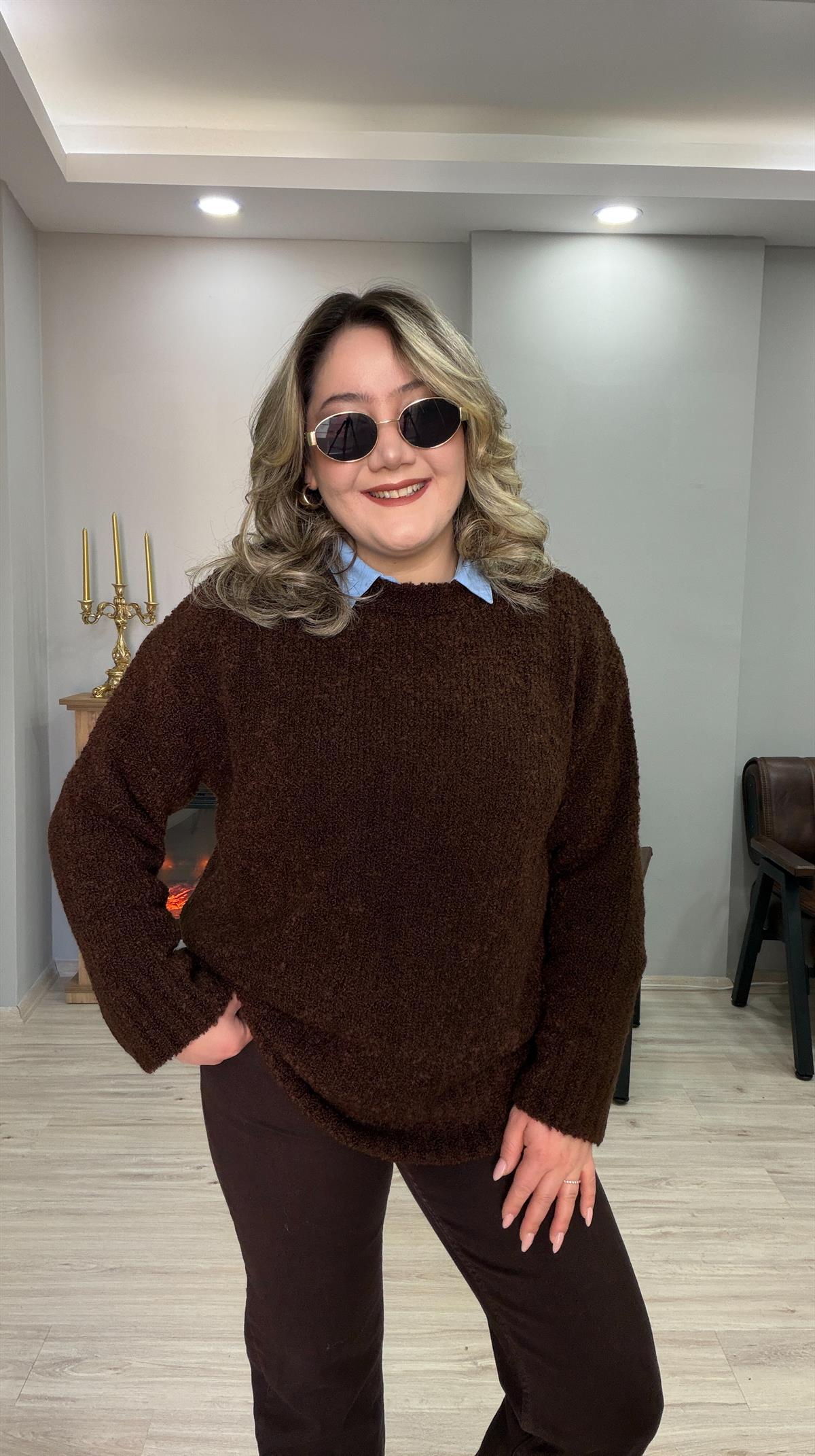 BİSİKLET YAKA BUKLET KAZAK KAHVE