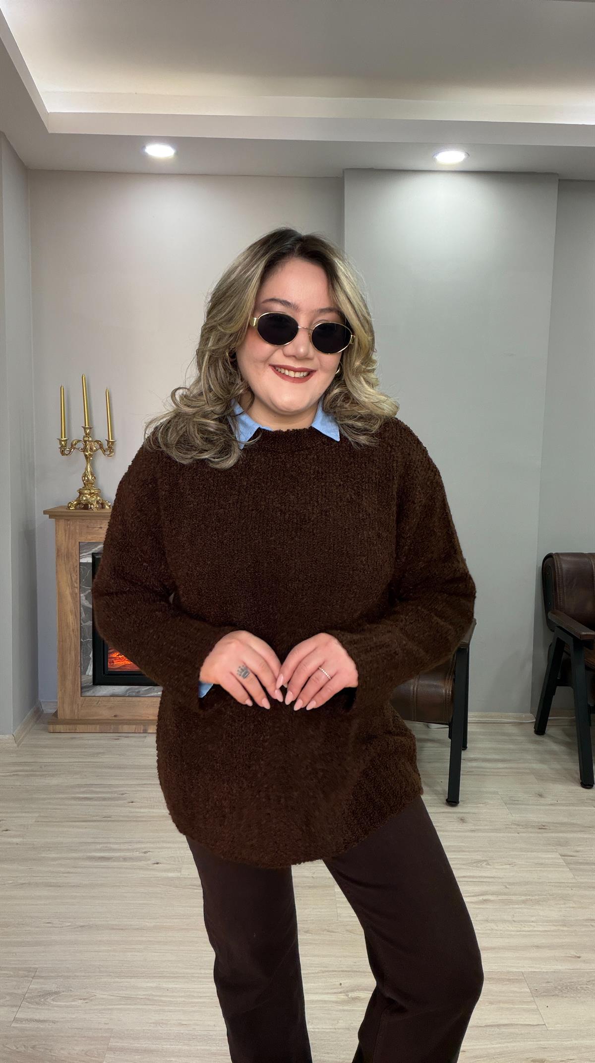 BİSİKLET YAKA BUKLET KAZAK KAHVE