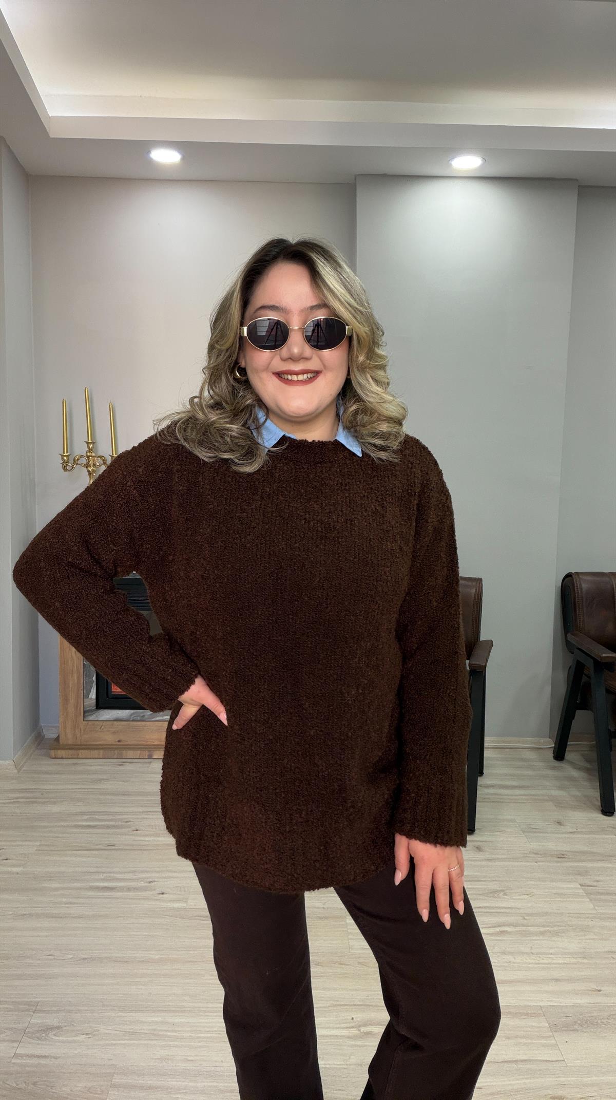 BİSİKLET YAKA BUKLET KAZAK KAHVE