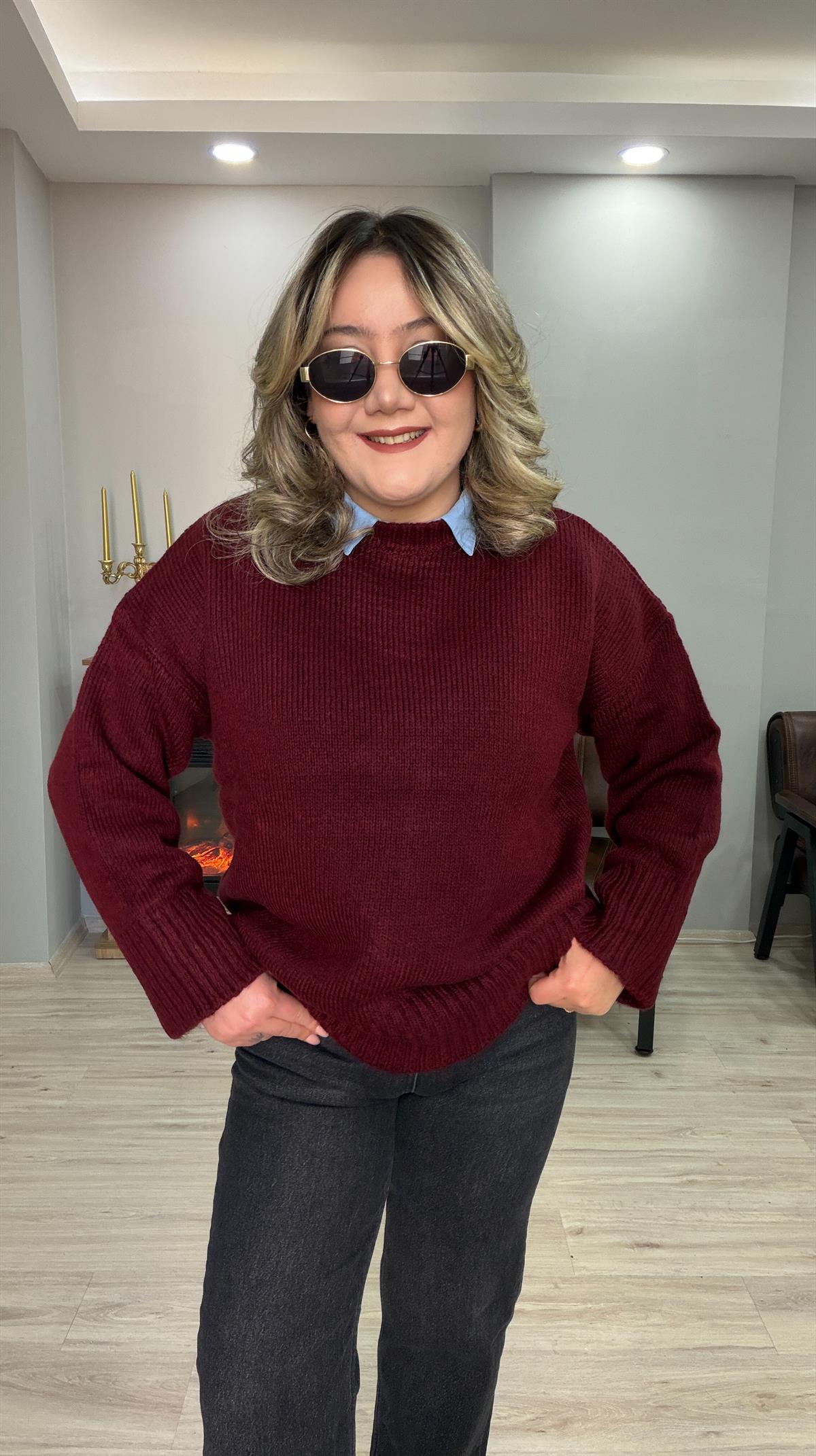 BİSİKLET YAKA CASUAL KAZAK BORDO