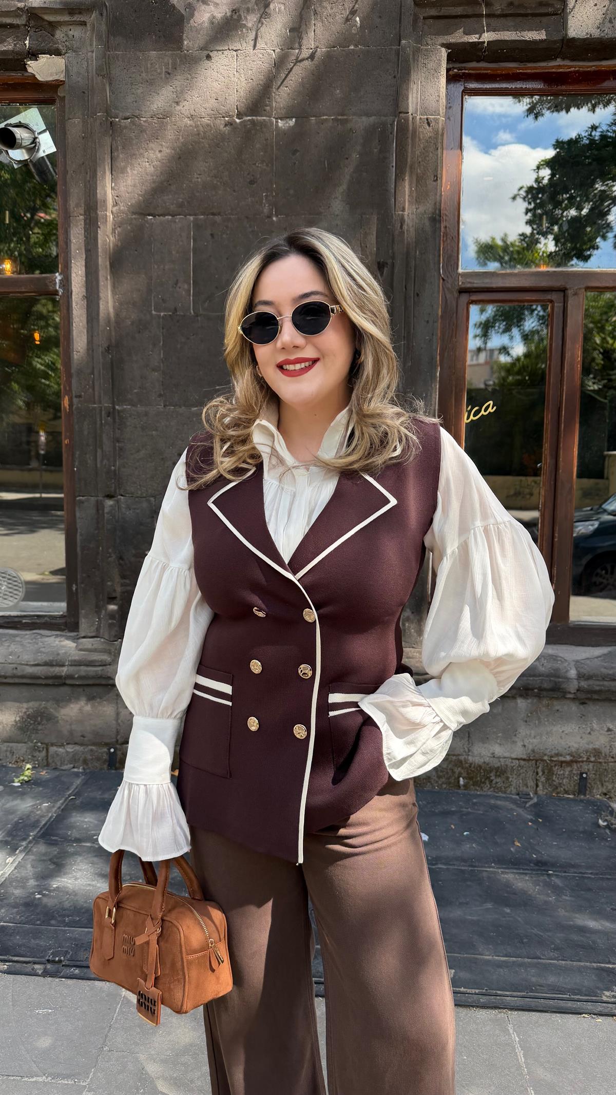 BİYELİ KRUVAZE TRİKO YELEK KAHVE