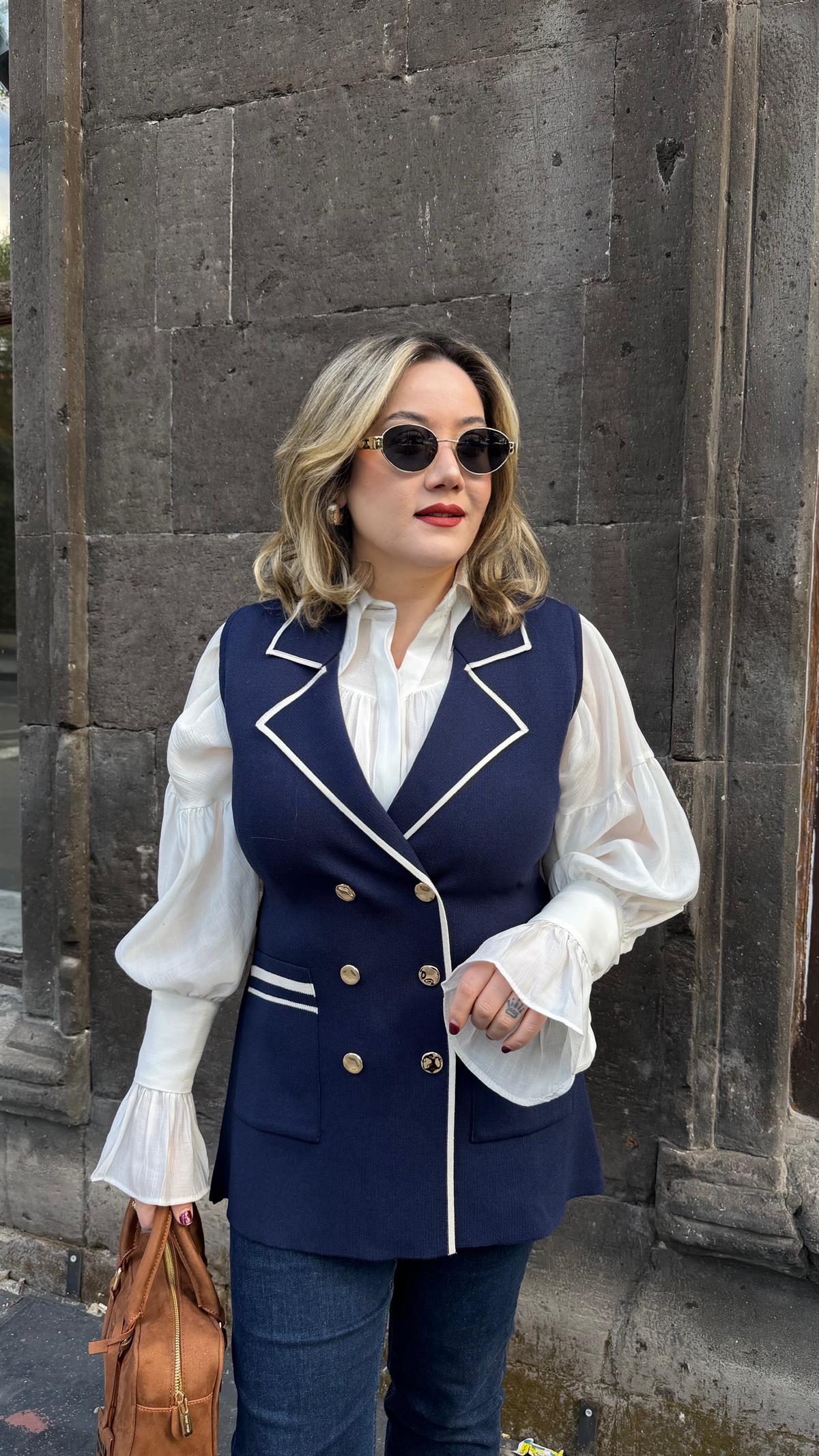 BİYELİ KRUVAZE TRİKO YELEK LACİVERT