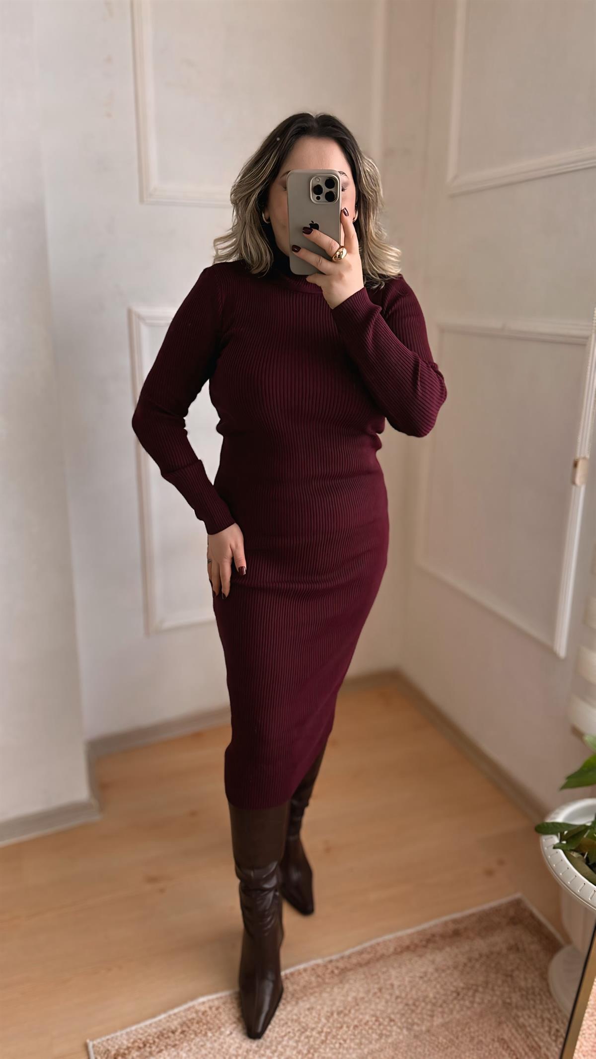 BOĞAZLI TRİKO ELBİSE BORDO