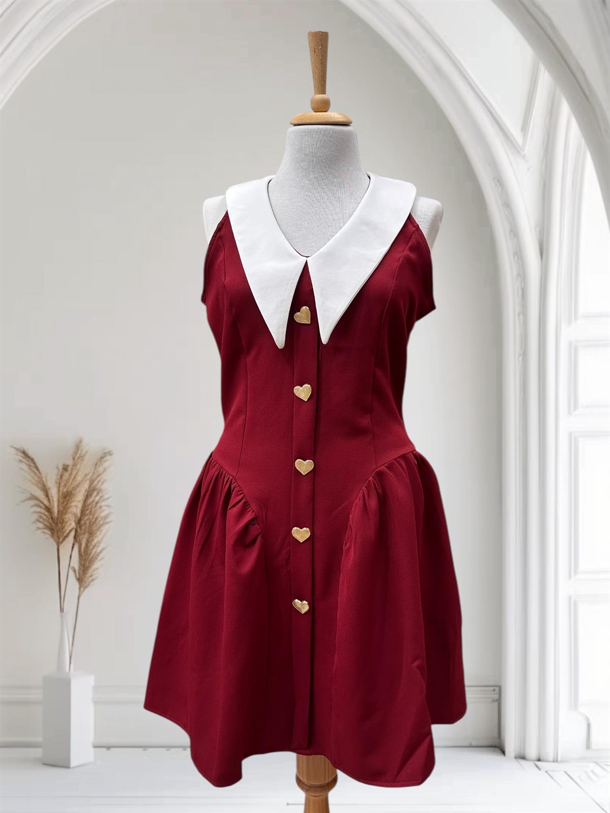BORDO BEYAZ YAKALI ELBİSE 