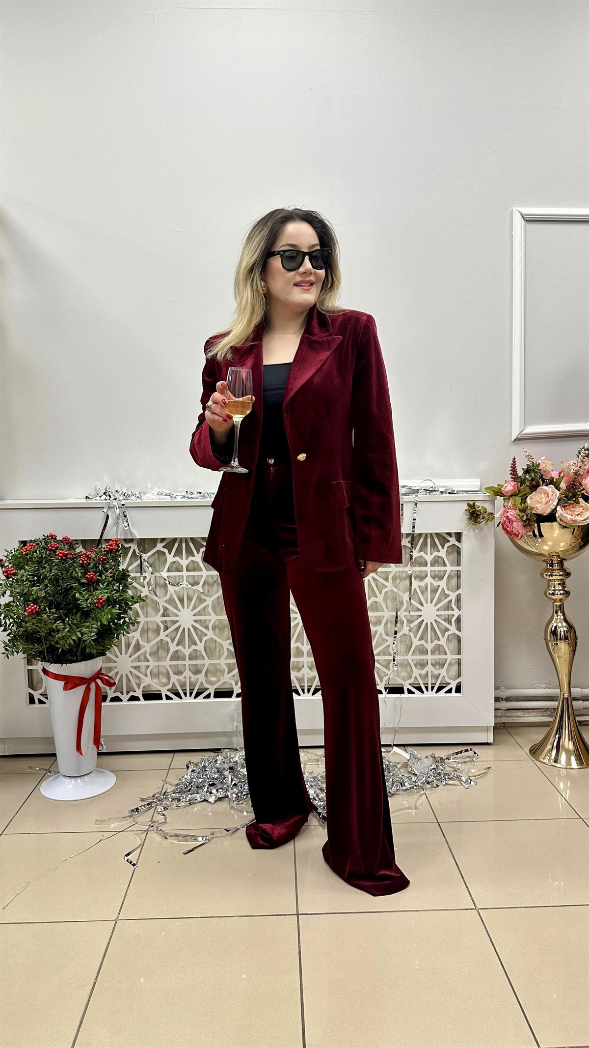Bordo kadife ceket pantolon takım