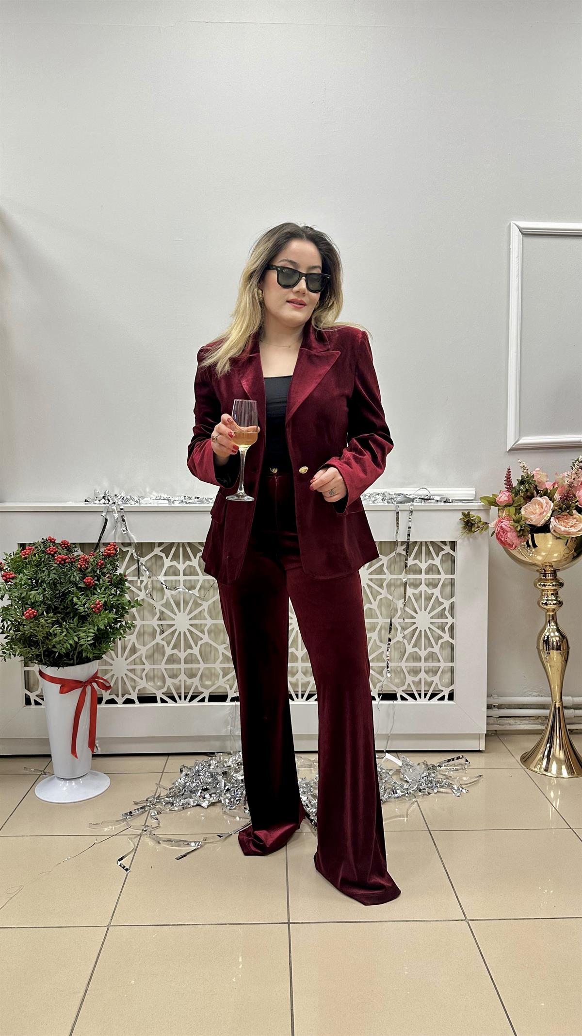 Bordo kadife ceket pantolon takım