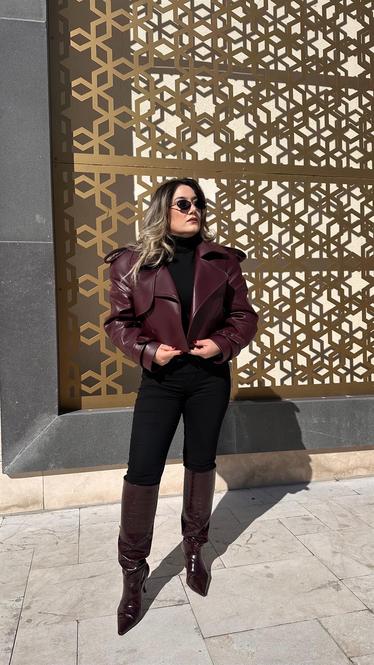 BORDO VATKALI DERİ CEKET