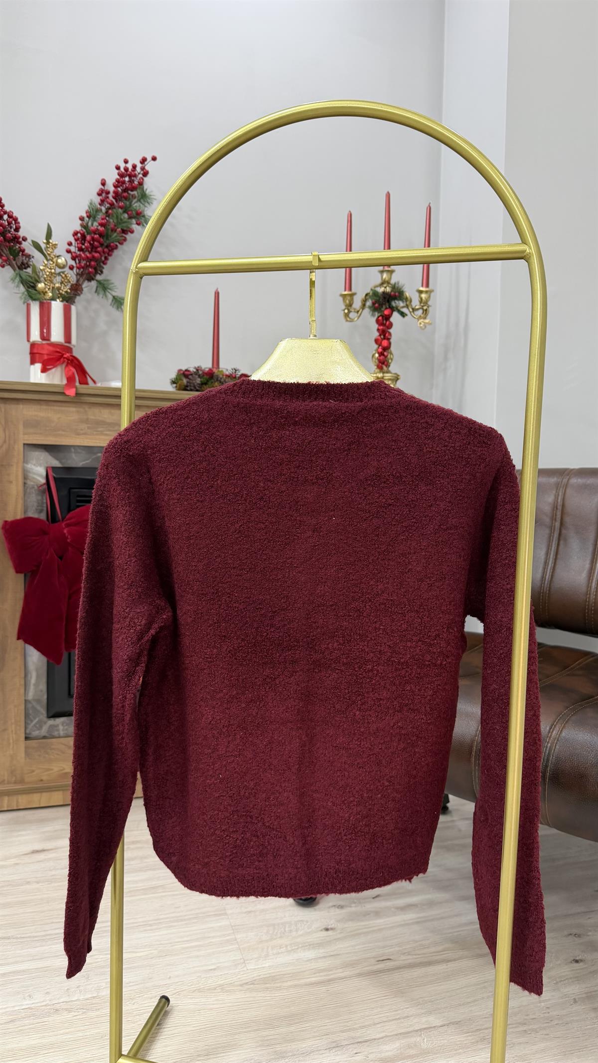 Broş Detaylı Buklet Hırka Bordo