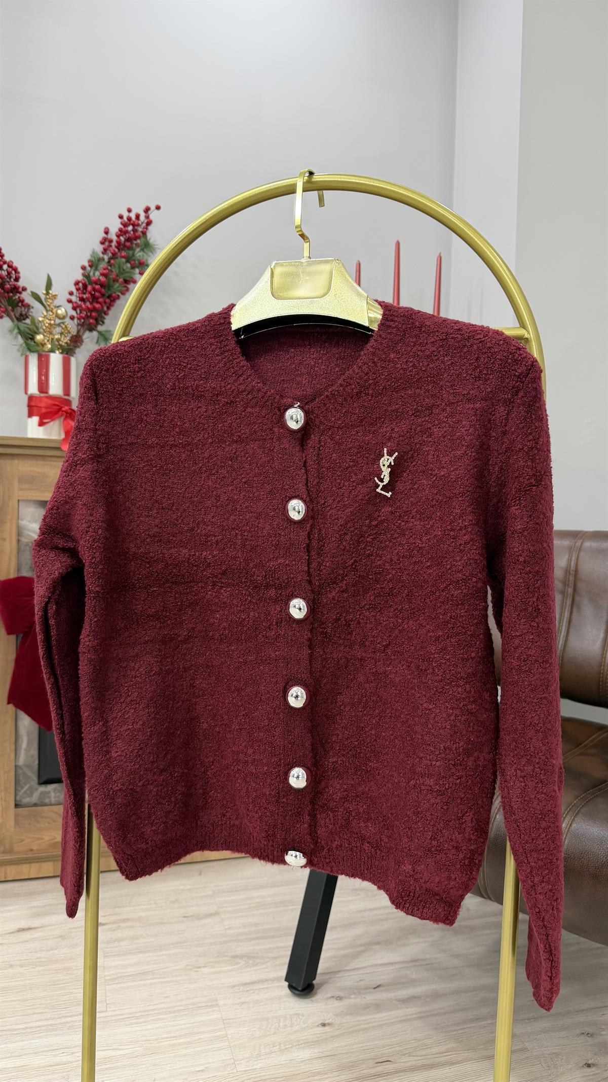 Broş Detaylı Buklet Hırka Bordo