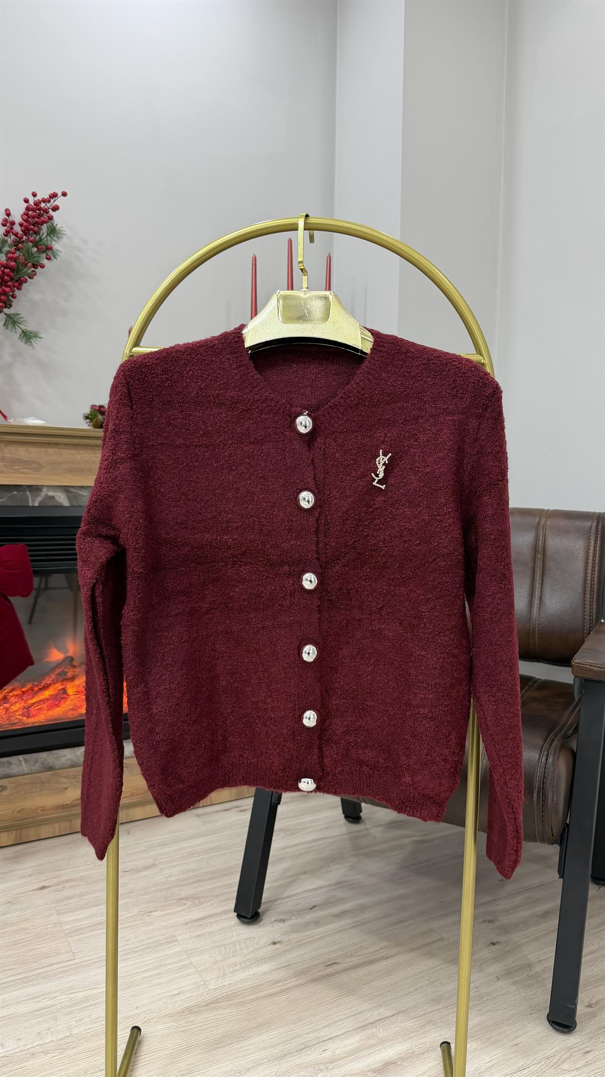 Broş Detaylı Buklet Hırka Bordo