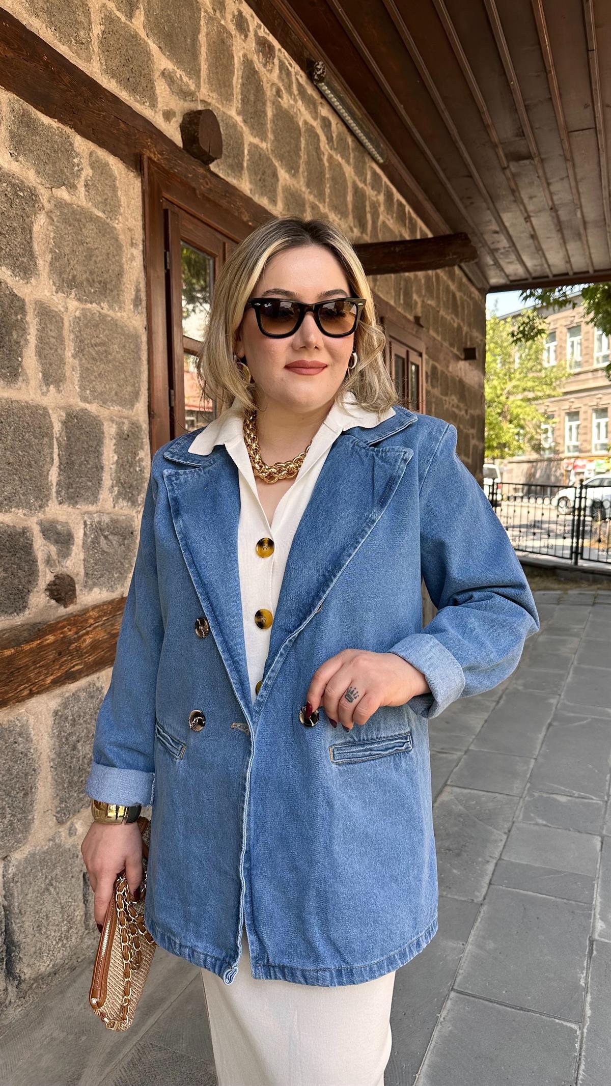 BUZ MAVİ ÇİFT DÜĞMELİ JEAN BLAZER CEKET