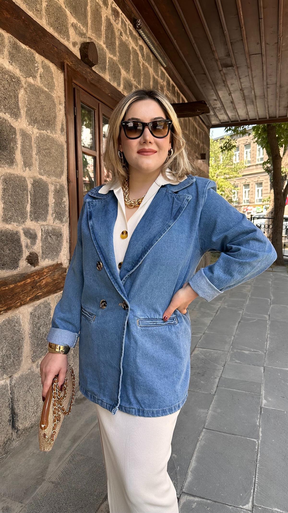 BUZ MAVİ ÇİFT DÜĞMELİ JEAN BLAZER CEKET