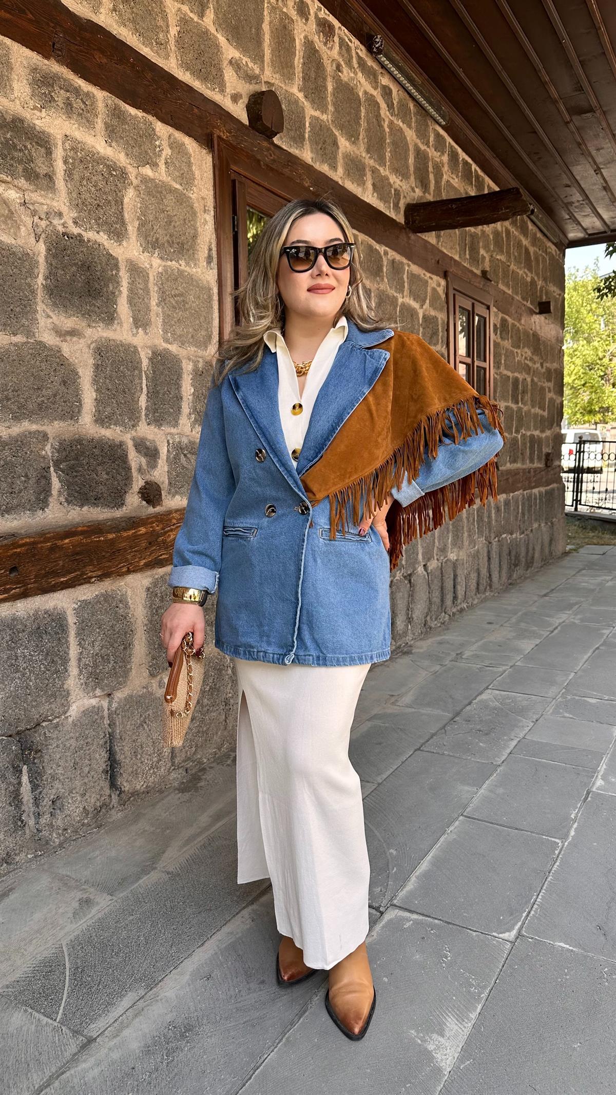 BUZ MAVİ ÇİFT DÜĞMELİ JEAN BLAZER CEKET